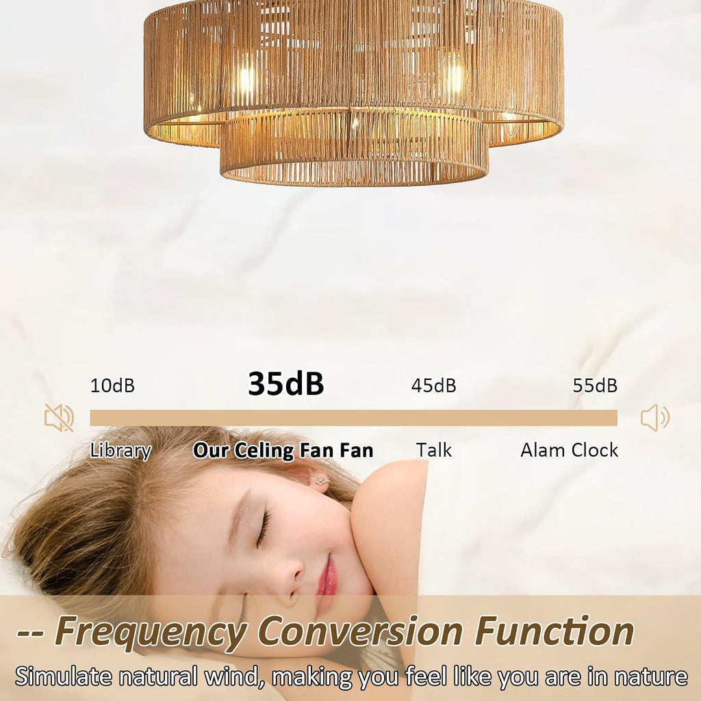 20'' Rattan Boho Ceiling Fan with Light, Enclosed Caged Ceiling Fans with Lights and Remote Control, Coastal Flush Mount with Reversible 6 Speeds for Living Room Bedroom Kitchen