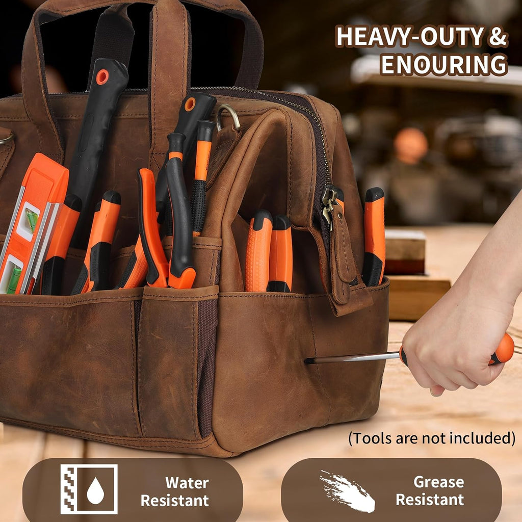 Leather Tool Bag Wide Mouth Tool Storage Bag for Hand Tools 16 inch Tool Tote Bag, Gardening, Outdoorsmen, Heavy Duty Organizer Electrician Tool Bag