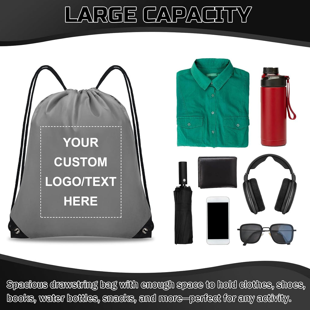 Grneric Custom Drawstring Bags Bulk 10/20/50/100/200 Pack, Promotional Items With Your Logo Personalized String Backpack for Gym, Sport, Travel, Gray