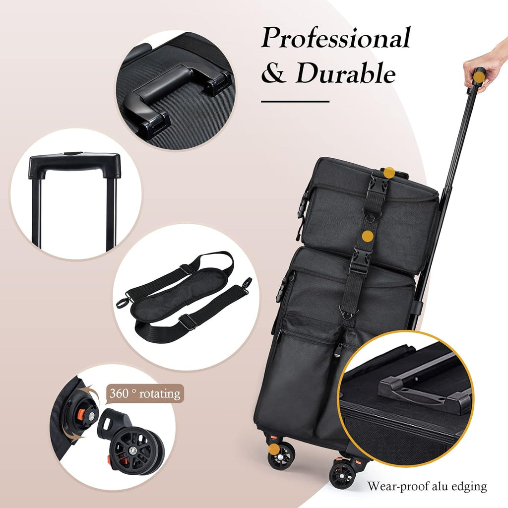 Stagiant Professional Rolling Makeup Case Soft Sided Cosmetology Organizer Wheeled Nylon Train Case Portable Travel Supply Station for Makeup Artist Nail Technician Hair Stylist Crafters