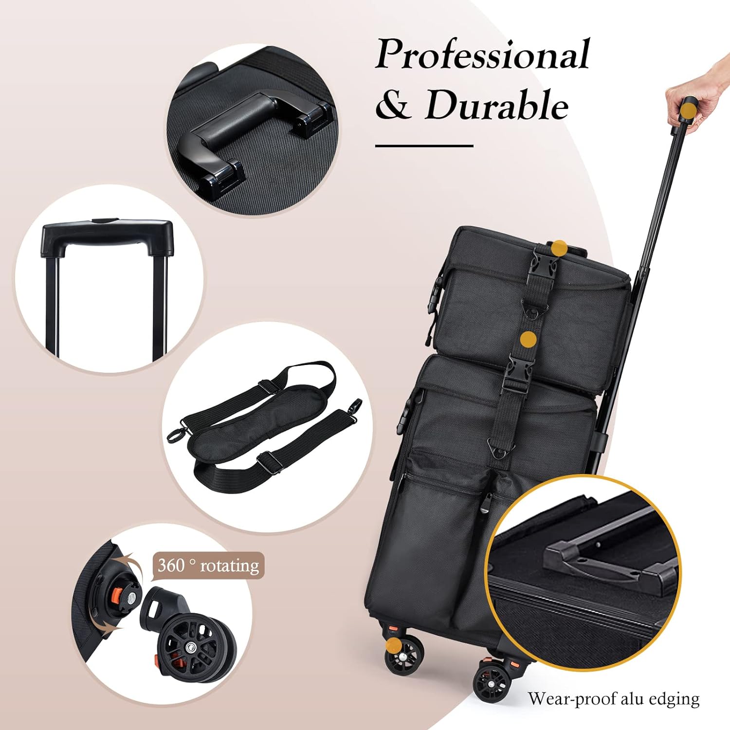Stagiant Professional Rolling Makeup Case Soft Sided Cosmetology Organizer Wheeled Nylon Train Case Portable Travel Supply Station for Makeup Artist Nail Technician Hair Stylist Crafters