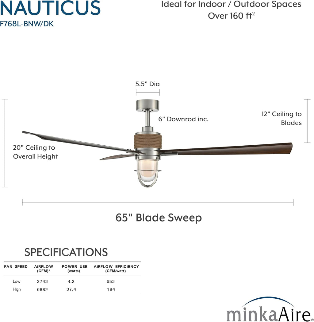 MINKA-AIRE F768L-BNW/DK Nauticus 65' 3-Blade LED Smart Indoor/Outdoor Ceiling Fan in Brushed Nickel Wet and Distressed Koa Blades with Clear Glass