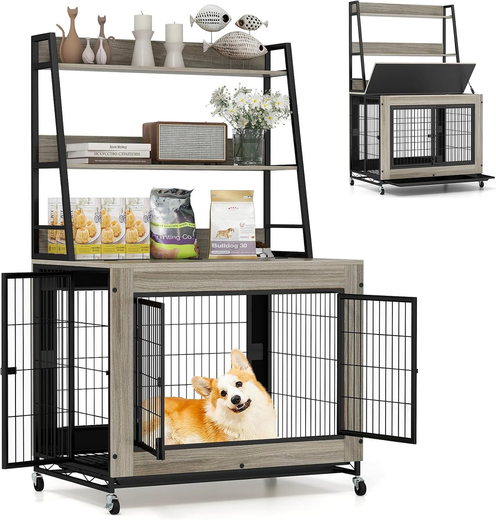 Giantex Dog Crate Furniture with Storage Shelves, 38' Furniture Style Indoor Dog Kennel on Wheels, 3 Doors, Flip Top Lid, Removable Pull-Out Tray, Dog Cage Pet House for Large Dogs, Oak Gray