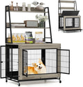 Giantex Dog Crate Furniture with Storage Shelves, 38' Furniture Style Indoor Dog Kennel on Wheels, 3 Doors, Flip Top Lid, Removable Pull-Out Tray, Dog Cage Pet House for Large Dogs, Oak Gray