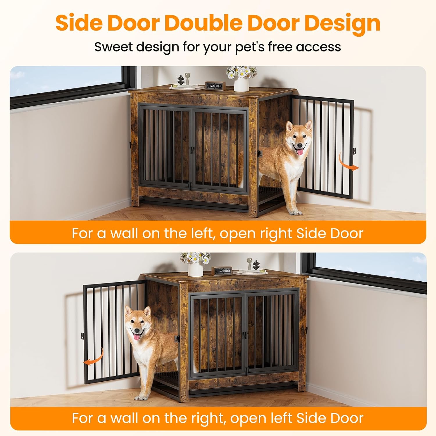 Derfullo Dog Crate Furniture, 38 Inch Indoor Dog Kennel for Medium Dogs Up to 50 LBS, Heavy Duty Wooden Pet Cage End Table with 3 Doors, Alloy Steel Frame & Removable Tray