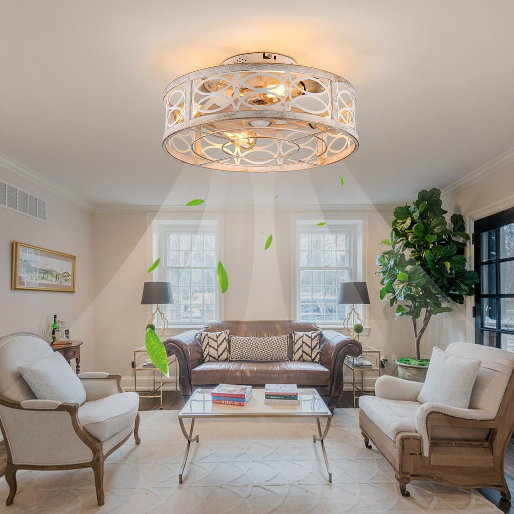 20' Caged Ceiling Fan With Light And Remote，bladeless Ceiling Fan 6 Speed Reversible With 4 Bulbs and Remote Control. With Lights for Bedroom, Dining Room