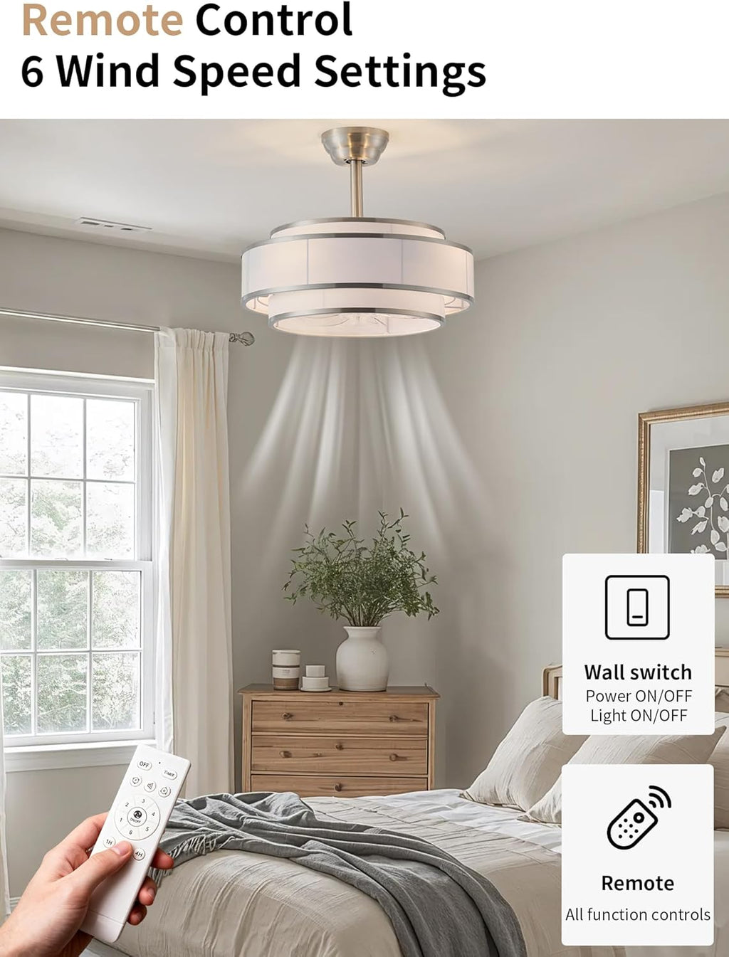20' Caged Ceiling Fans with Lights and Remote, Fandelier Ceiling Fan with Light, Modern Bladeless Quiet Reversible Motor 6 Speeds for Bedroom, Nursery, Living Room, Silver