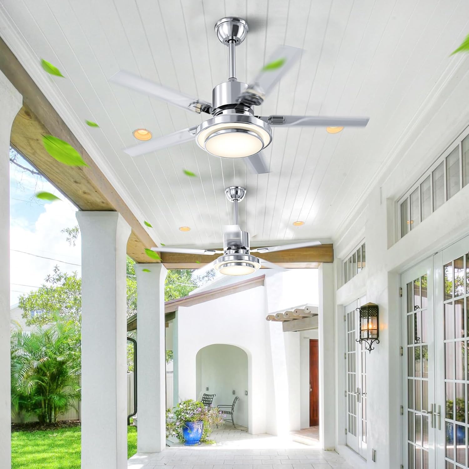 Reversible Ceiling Fan, Remote Control Patio Fandelier with Stainless Steel Blades, 48 Inch Brushed Nickel Ceiling Fan with LED Light for Pavilion, Warehouse Chandelier (48 inch)