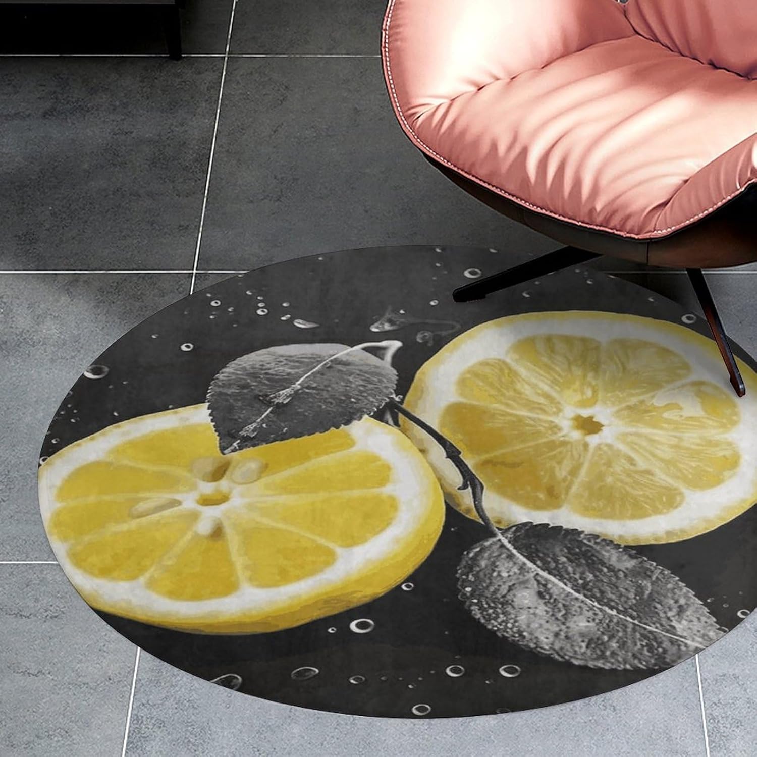 Lemon with on Black and White Coral Velvet Round Floor Mat Non-Slip Bath Rug Floor Covering for Bathroom Vanity Guest Suite & Vacation Home