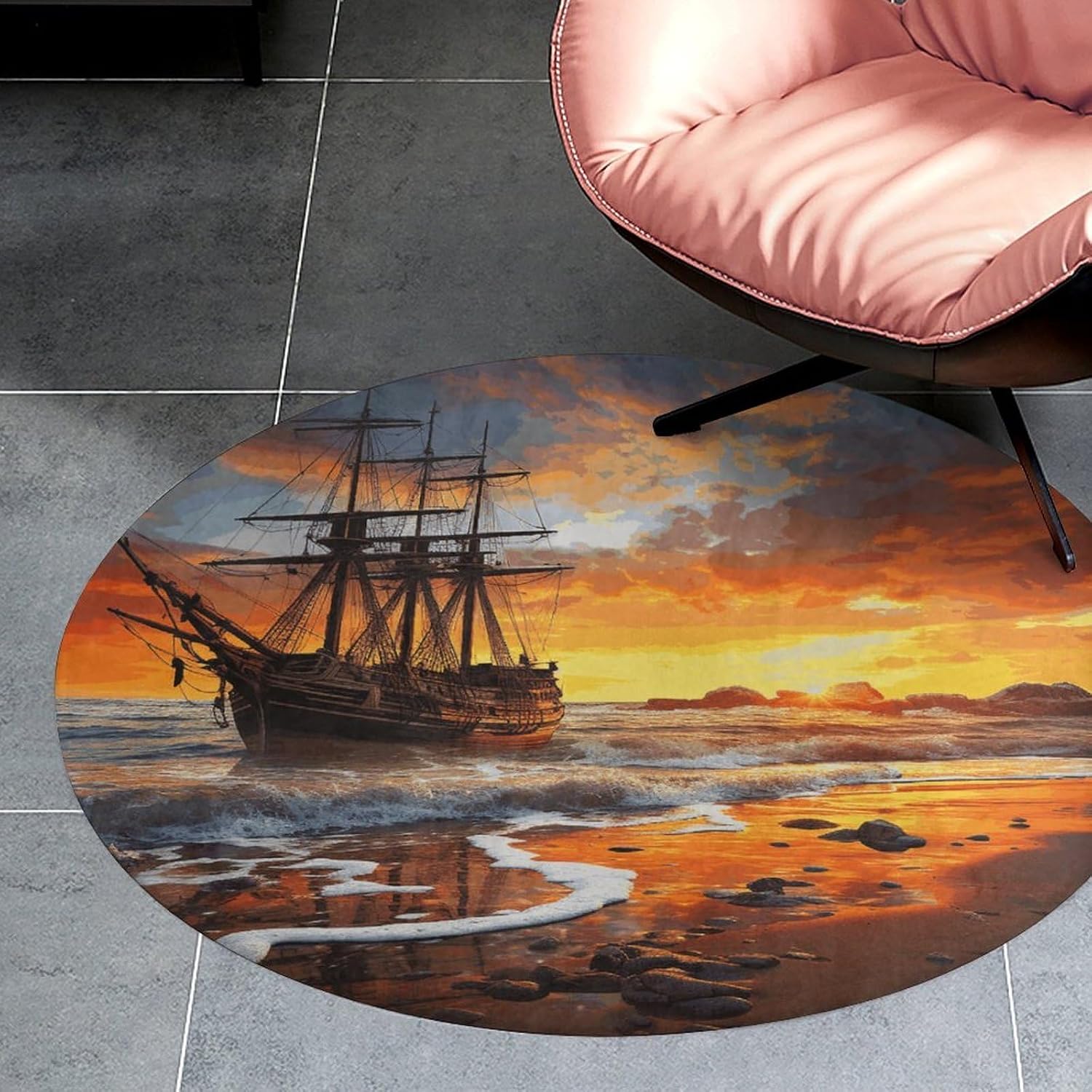 Pirate Ship in The Sunset Coral Velvet Round Floor Mat Non-Slip Bath Rug Floor Covering for Bathroom Vanity Guest Suite & Vacation Home