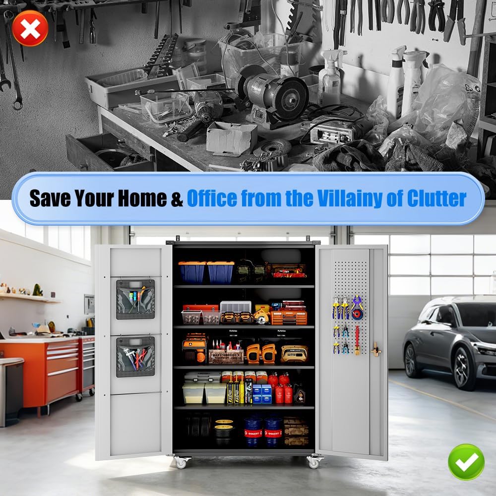 Yeeoy Wide & Deep Metal Garage Storage Cabinet with Pegboard & Adjustable Shelves, Lockable Storage Cabinet with Wheels, Tool Organization Cabinets for Office Garage, 43''W x 22''D x 72''H, Black Gray