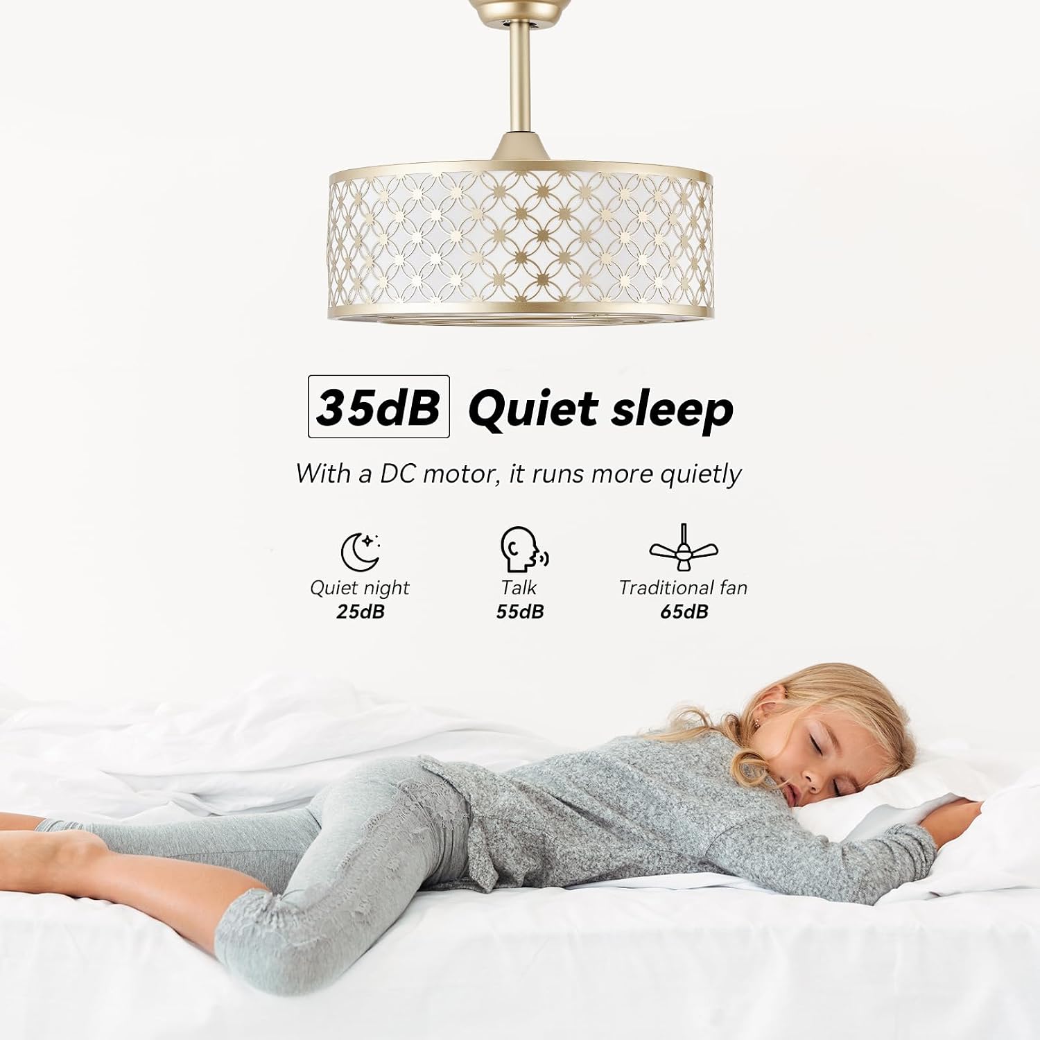 Gold Fandelier Ceiling Fan with Light, 20' Caged Gold Chandelier Ceiling Fans with Lights Remote Control, Fabric Mid-Century Modern with 6 Speeds for Bedroom, Nursery, Living Room.