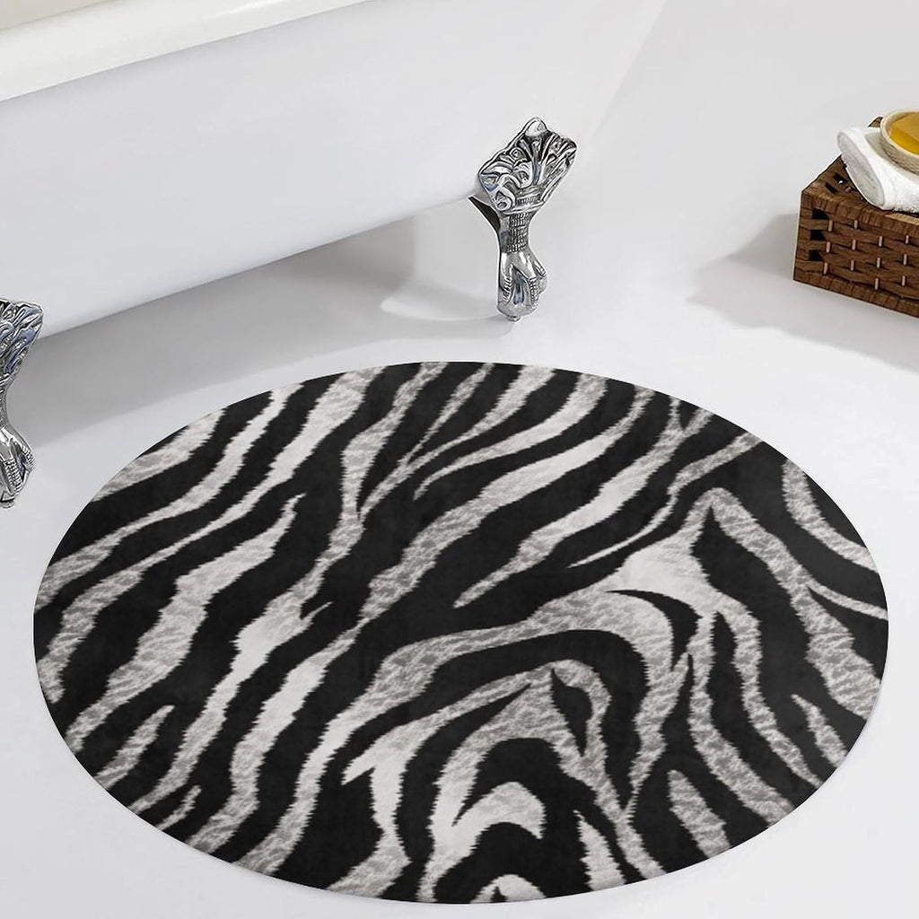 Black and White Zebra Print Coral Velvet Round Floor Mat Non-Slip Bath Rug Floor Covering for Bathroom Vanity Guest Suite & Vacation Home