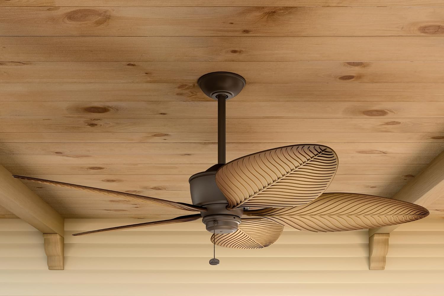 Kichler Nani 56 in Outdoor Ceiling Fan Weather+ 5 Blade AC Motor with Pull Chain in Satin Natural Bronze and Ivory with Walnut Blades for Covered Patios, 310095SNB
