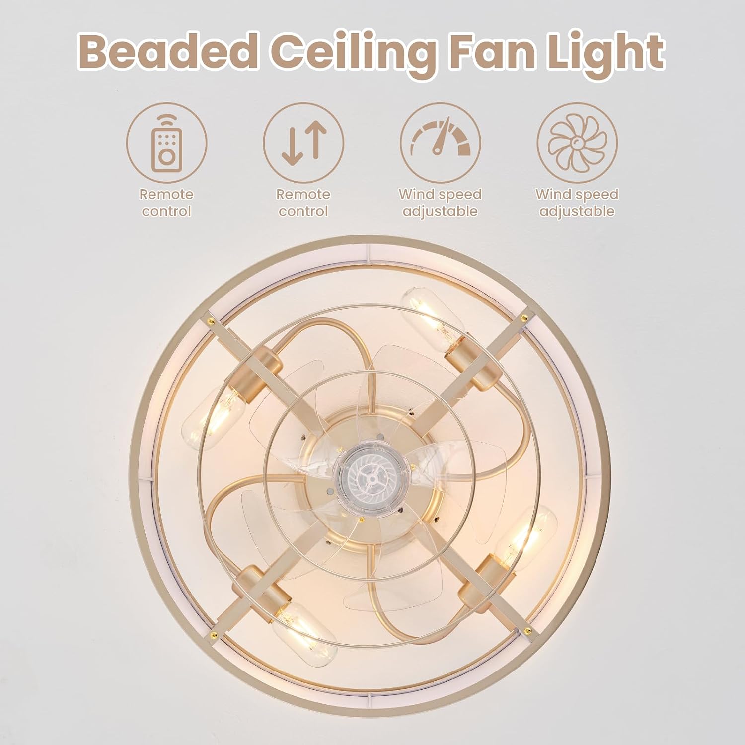 20 Inch Boho Ceiling Fan with Light, Low Profile Flush Mount Caged Ceiling Fan, Bladeless Gold Drum Chandelier with Remote, 6 Speed Reversible DC Motor for Bedroom Living Room, E26 Base