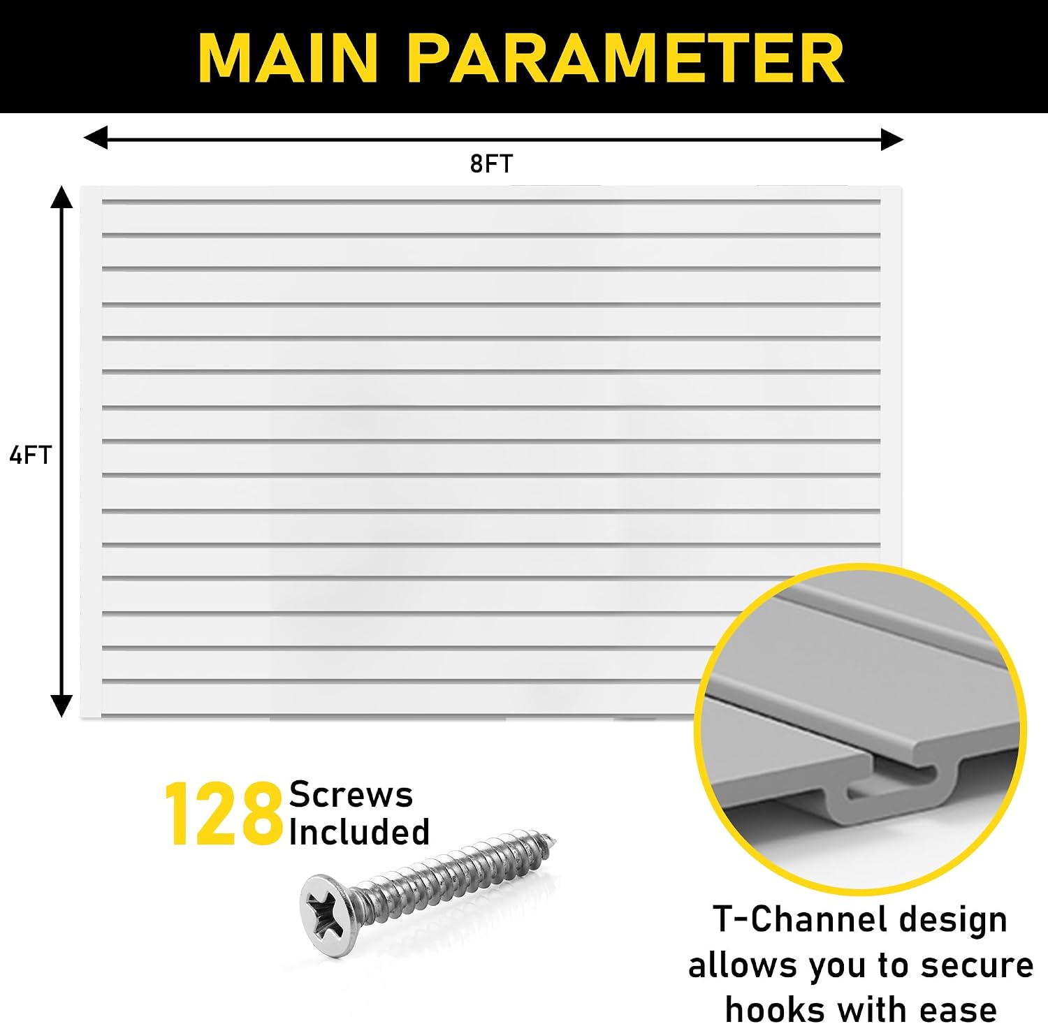Heavy Duty 4x8 PVC Garage SlatWall Storage System (with Endcaps & Screws) - Modular Slat Wall Paneling for Garage Wall Organizer - Interlocking SlatWall Panels for Home & Commercial Use (White)