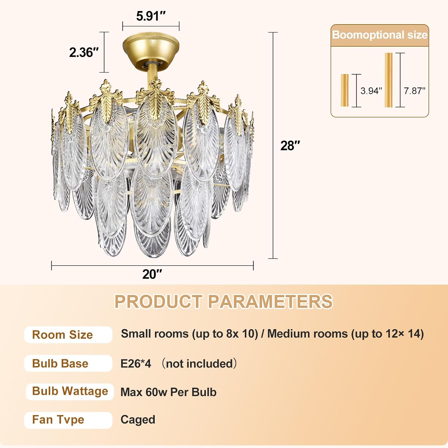 Depuley Bedroom Ceiling Fan with Lights: 20' Gold Chandelier Small Fan with Remote Control - Modern Crystal Fandelier for Girl's Bedroom Living Room Nursery (E26 Bulbs Not Included)