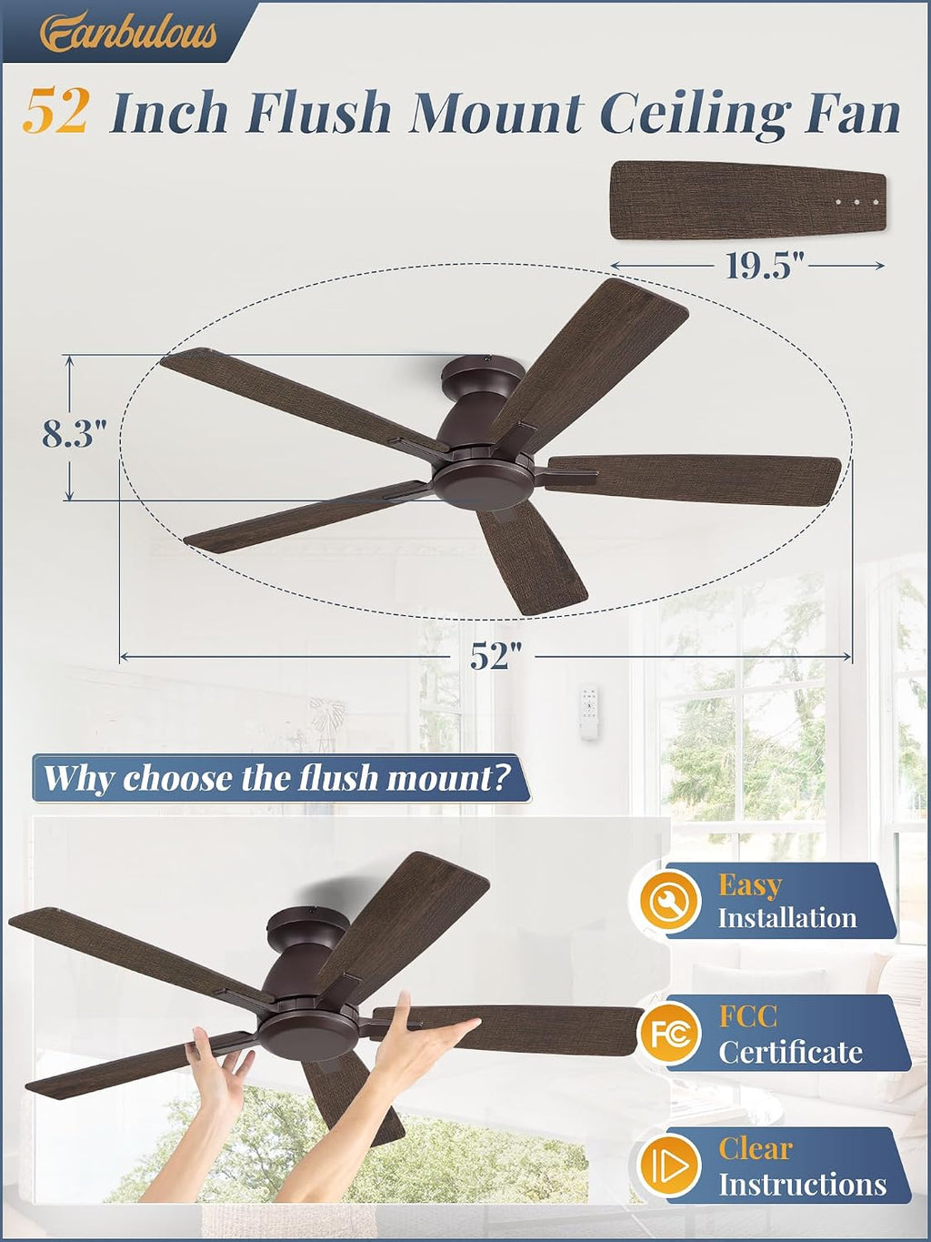 Fanbulous 52 Inch Flush Mount Ceiling Fan No Light with Remote,Modern Low Profile Without Light,6-Speeds,Quiet Reversible DC Motor,Indoor&Outdoor Ceiling Fans for Bedroom,Living Room,Oil Bronze