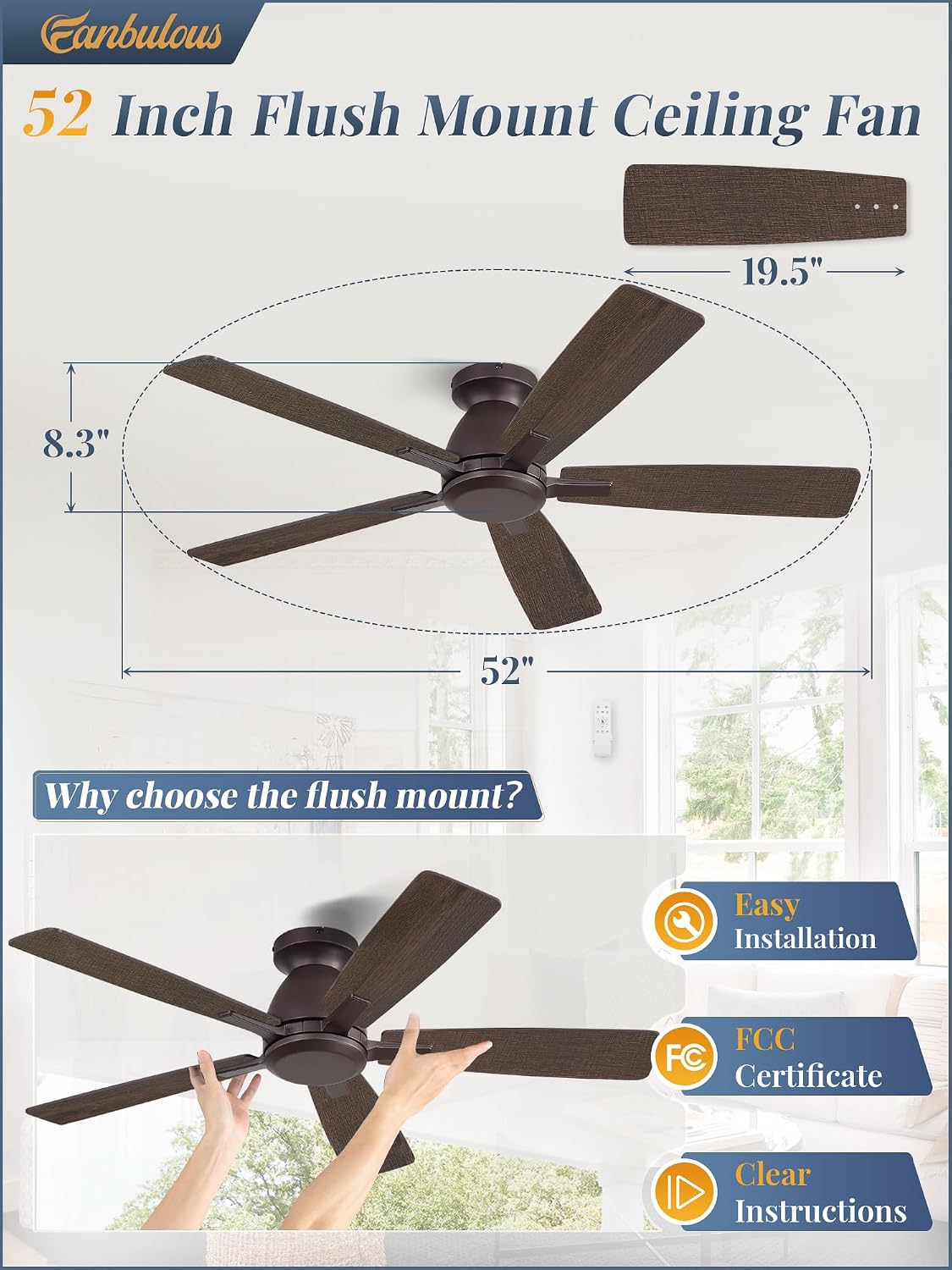 Fanbulous 52 Inch Flush Mount Ceiling Fan No Light with Remote,Modern Low Profile Without Light,6-Speeds,Quiet Reversible DC Motor,Indoor&Outdoor Ceiling Fans for Bedroom,Living Room,Oil Bronze