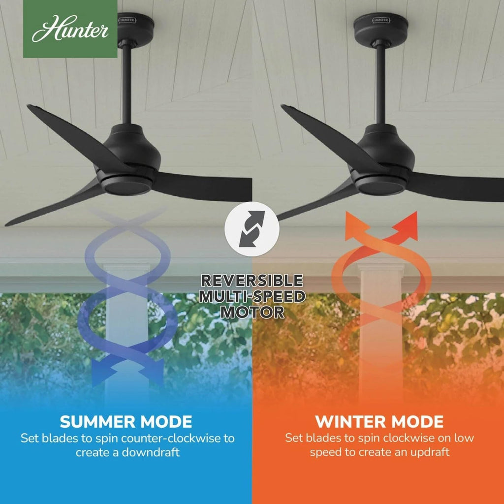 Hunter Fan Outdoor or Indoor Ceiling Fan, 52 in Black Ceiling Fan with Remote and No Light for Patios, Living Room, Bedroom, Porch, Garage (Renewed)