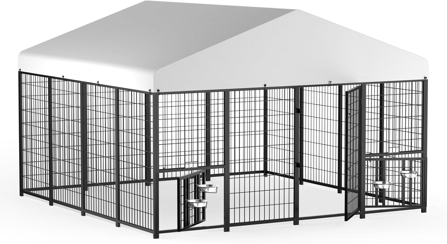 LOVMOR Outdoor Dog Kennel with Roof, Heavy Duty Steel Dog Run Enclosure for Large Dogs, Waterproof Canopy, Double Latch Door, Adjustable Feeding Bowls, Pet Pen for Yard and Patio, 10'L x 10'W x 6.5'H