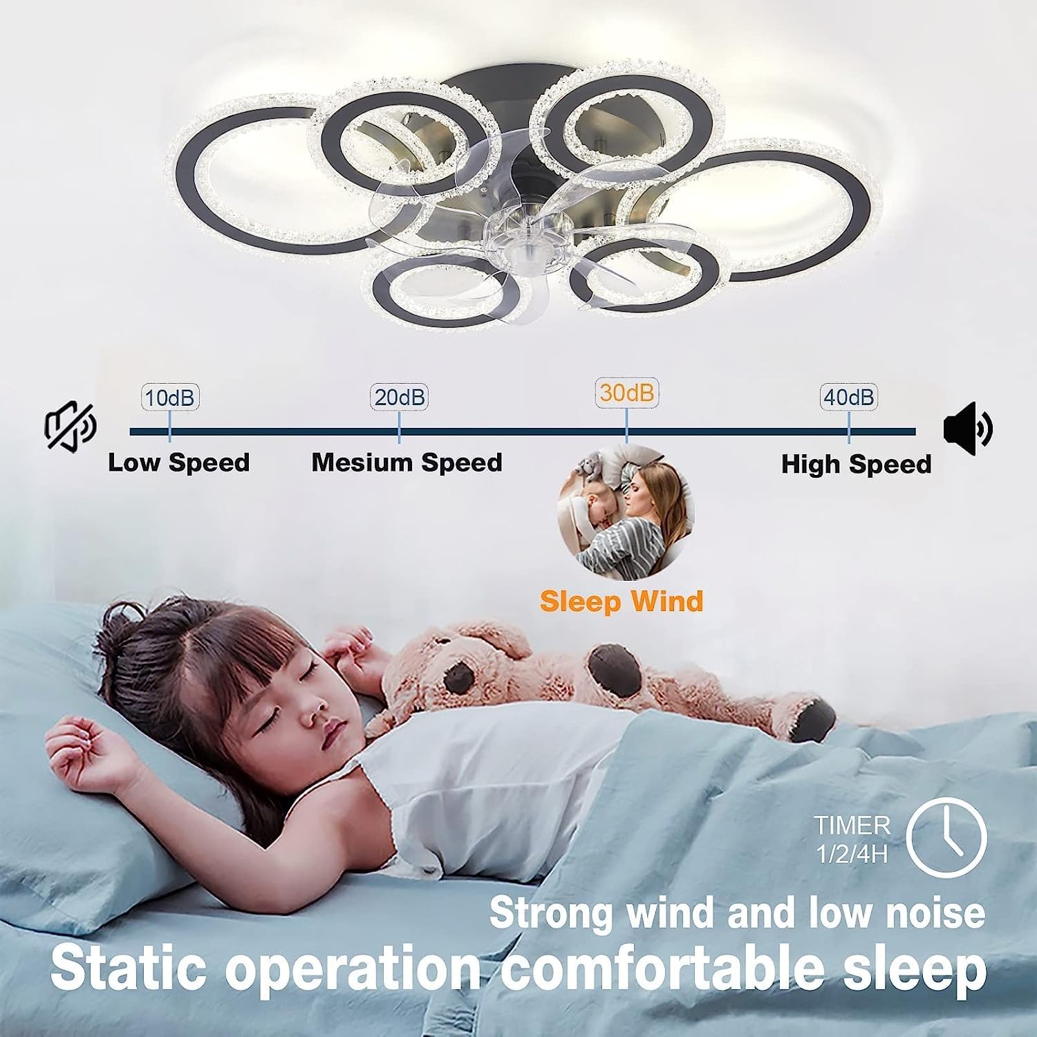 76CM Smart Ceiling Light with Fan DC Motor 6 Gear Reversible Bedroom Ceiling Fan with Lighting LED Dimmable Quiet Modern Living Room Lamp with Fan (Color : Black)