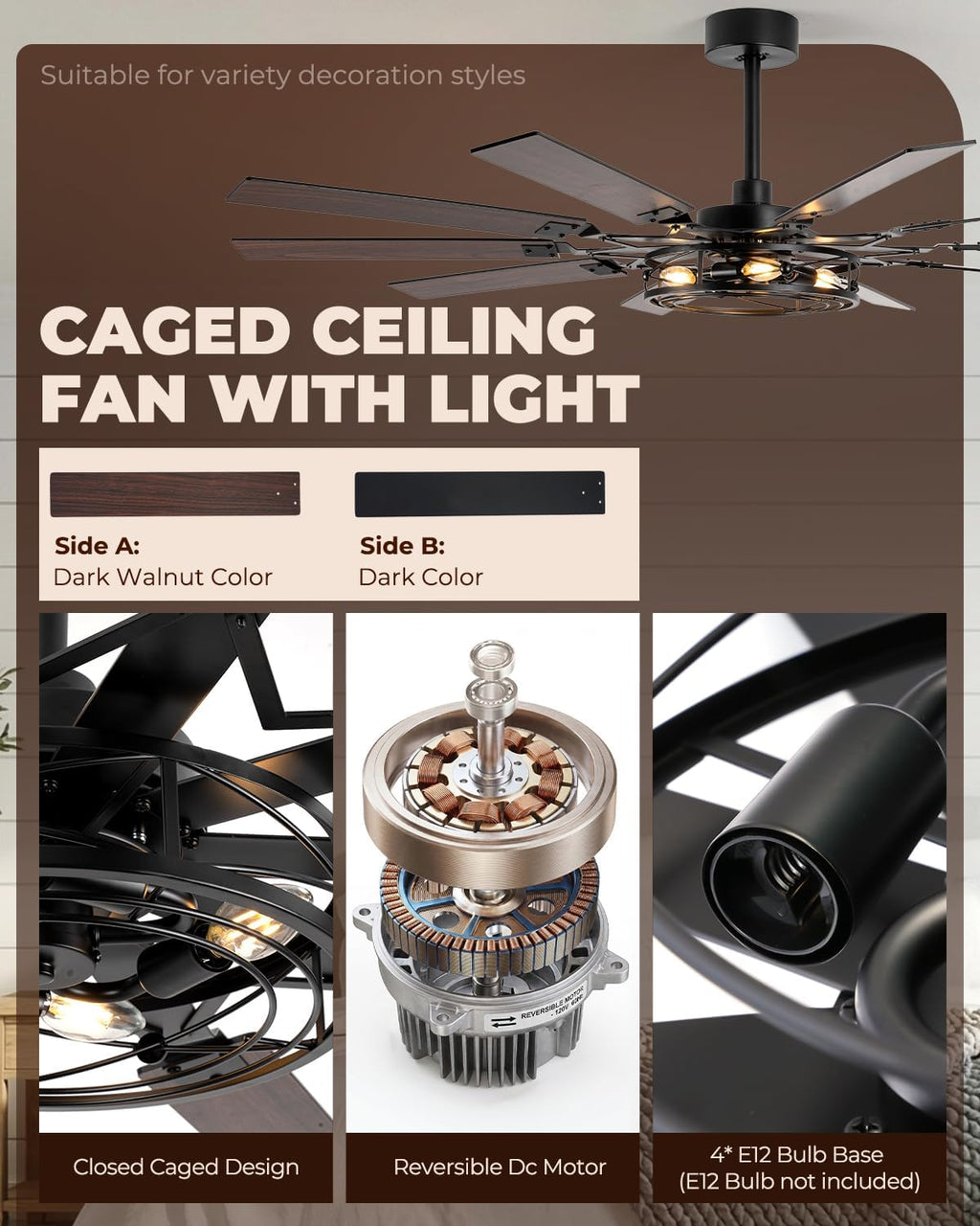 65 Inch Ceiling Fans with Lights, Farmhouse Ceiling Fan with Remote Rustic Caged Industrial Design, Dual Finish 10 Blades Black Ceiling Fans with Quiet Reversible Motor for Living Room Bedroom Patio
