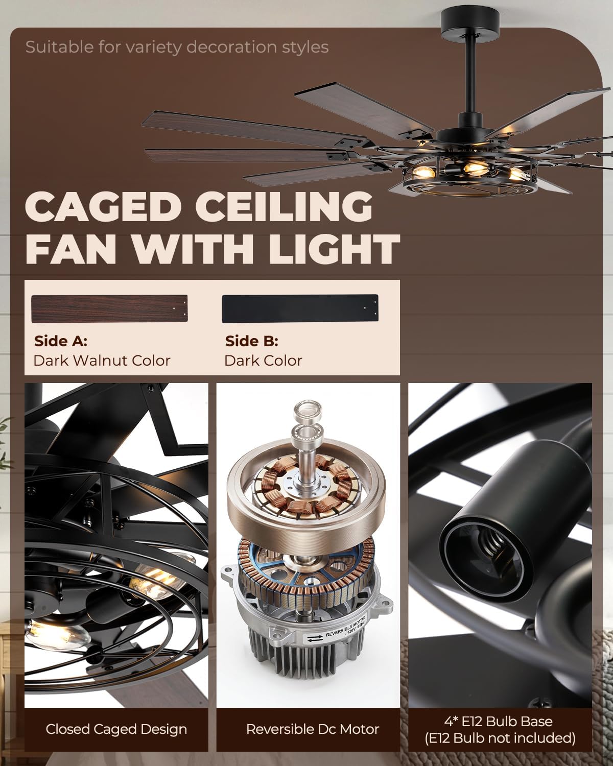 65 Inch Ceiling Fans with Lights, Farmhouse Ceiling Fan with Remote Rustic Caged Industrial Design, Dual Finish 10 Blades Black Ceiling Fans with Quiet Reversible Motor for Living Room Bedroom Patio