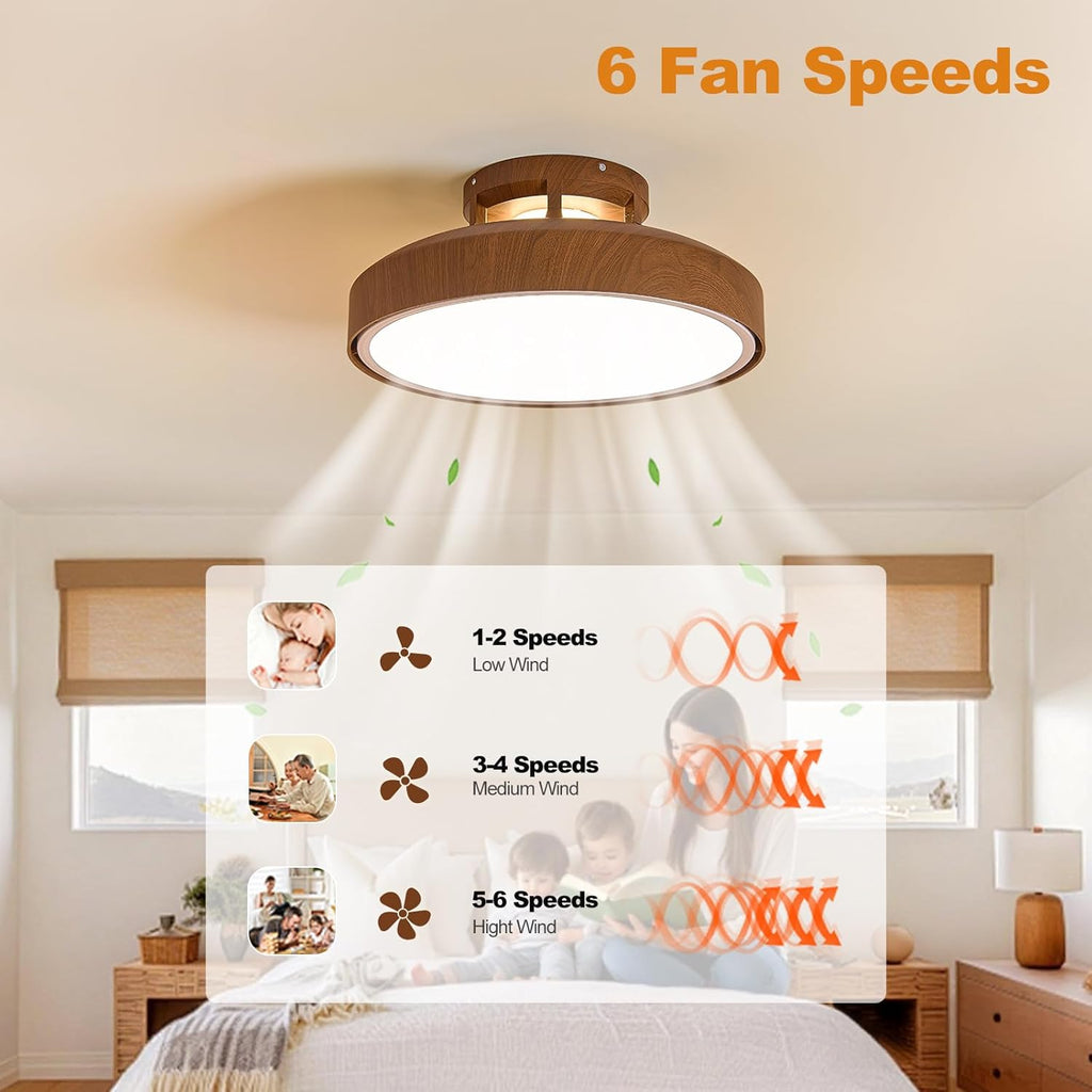 Bladeless Ceiling Fans with Lights and Remote, 18.9' Farmhouse Embedded Ceiling Fan Light, Flush Mount Dimmable LED Chanelier Fan for Bedroom,Walnut Color