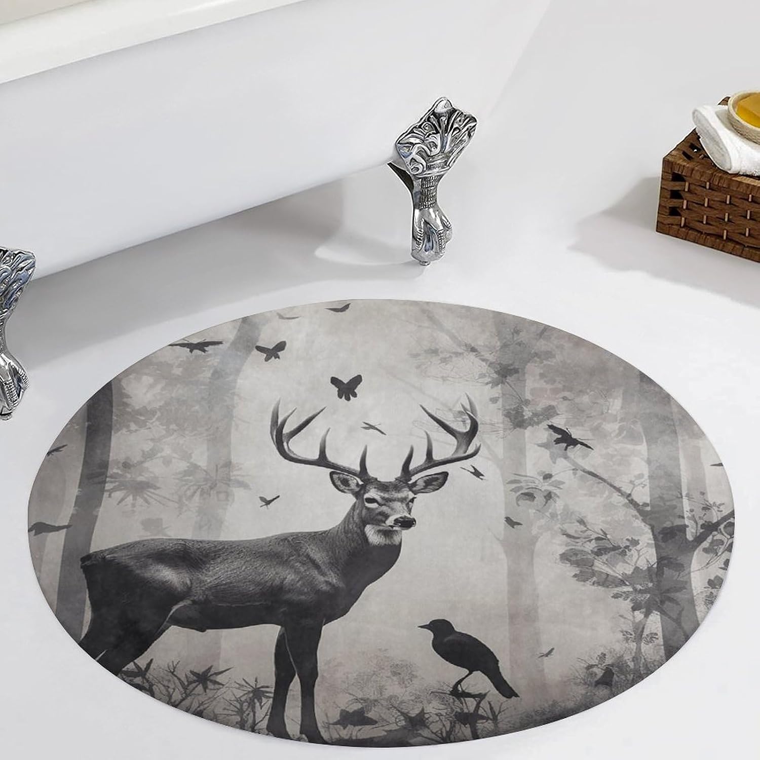 Hunting Silhouette of Deer Coral Velvet Round Floor Mat Non-Slip Bath Rug Floor Covering for Bathroom Vanity Guest Suite & Vacation Home