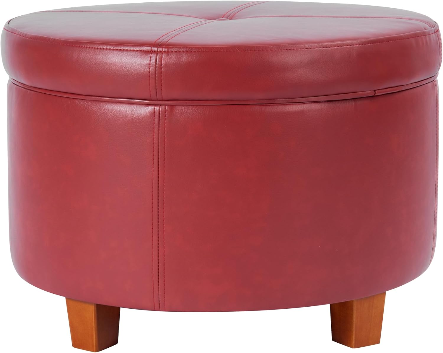 HomePop Round Leatherette Storage Ottoman with Lid, Cinnamon Red Large