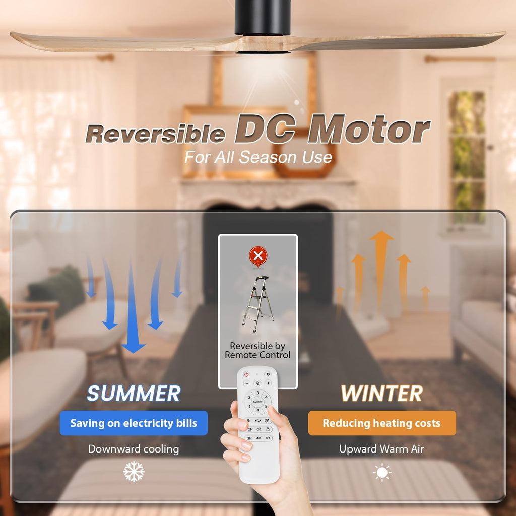 VACILL Flush Mount Ceiling Fan with Light,Low Profile Ceiling Fan,Natural Wooden Fan Blades,6 Speed,LED Dimmable,DC Motor,52 inch,Natural Wood Blade