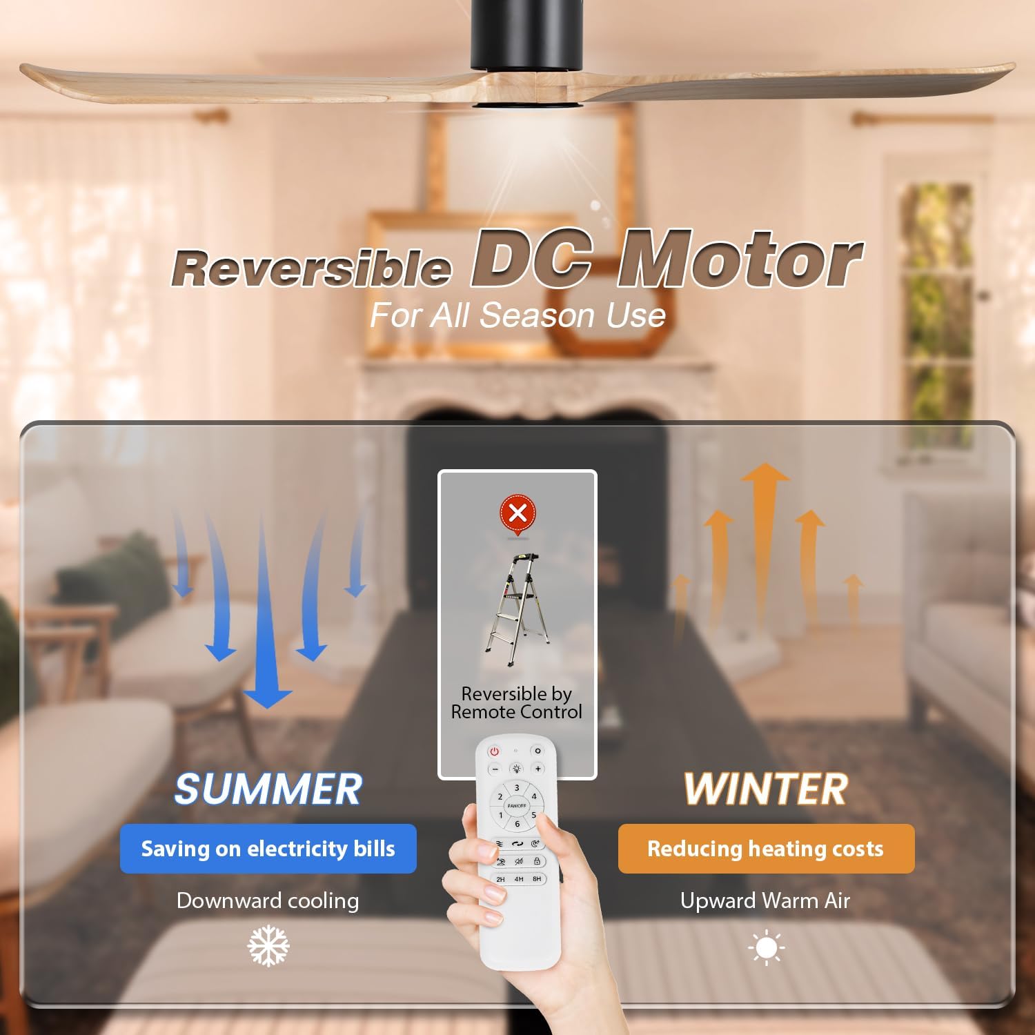 VACILL Flush Mount Ceiling Fan with Light,Low Profile Ceiling Fan,Natural Wooden Fan Blades,6 Speed,LED Dimmable,DC Motor,52 inch,Natural Wood Blade