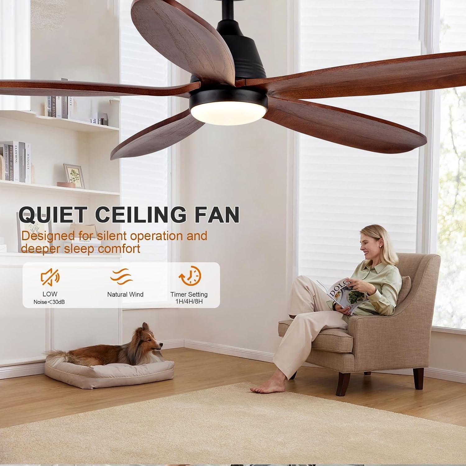 52 Inch Ceiling Fans with Lights and Remote, Modern Wood Ceiling Fan with Light, Indoor Outdoor Ceiling Fan for Patio Bedroom, Dimmable, Reversible DC Motor, Memory Function (Black Walnut)