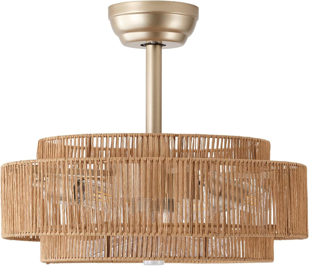 20'' Gold Boho Fandelier Ceiling Fan with Light, Rattan Chandelier with Light Remote Control, Caged with 6 Speeds for Bedroom, Nursery, Living Room