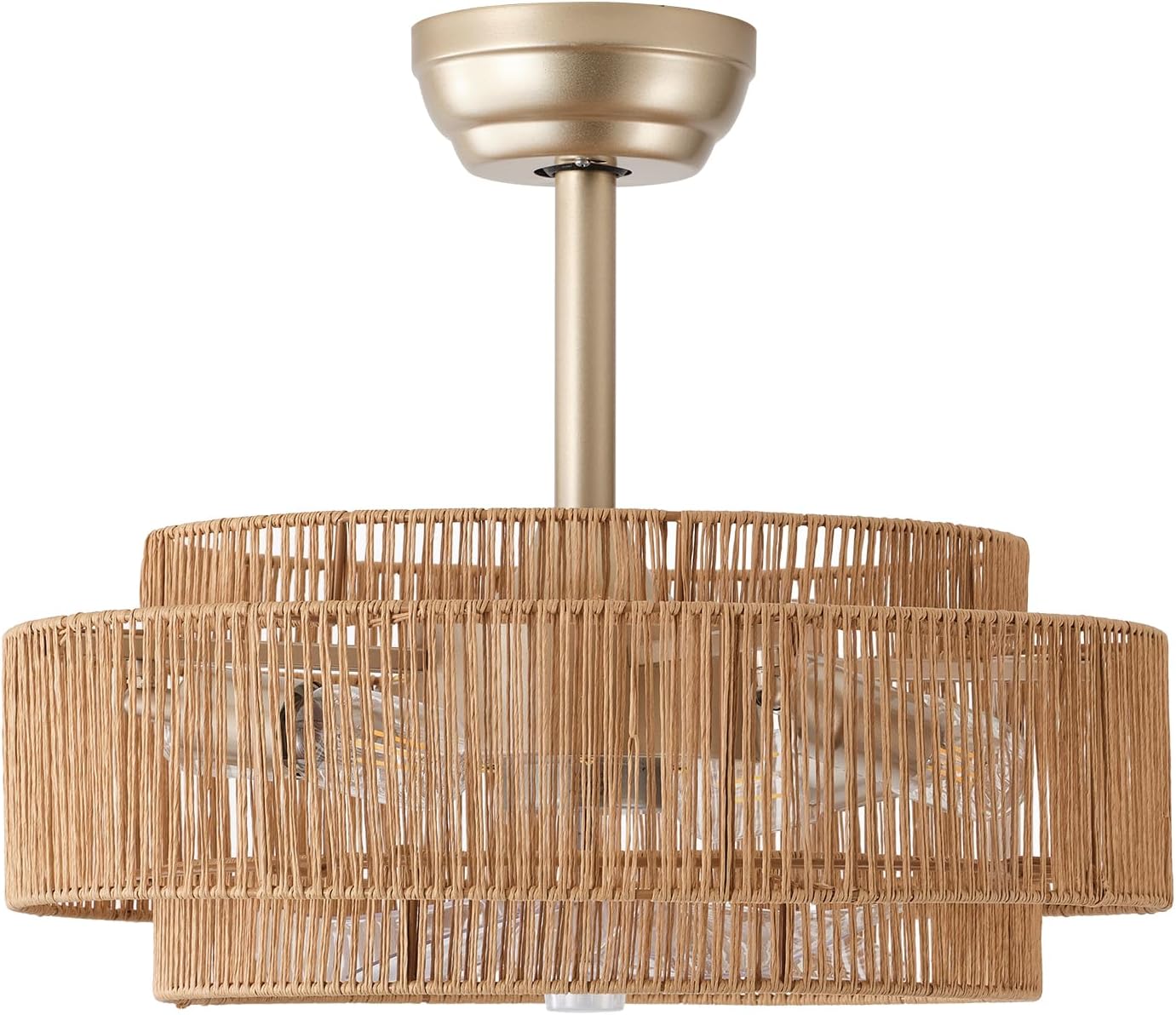 20'' Gold Boho Fandelier Ceiling Fan with Light, Rattan Chandelier with Light Remote Control, Caged with 6 Speeds for Bedroom, Nursery, Living Room