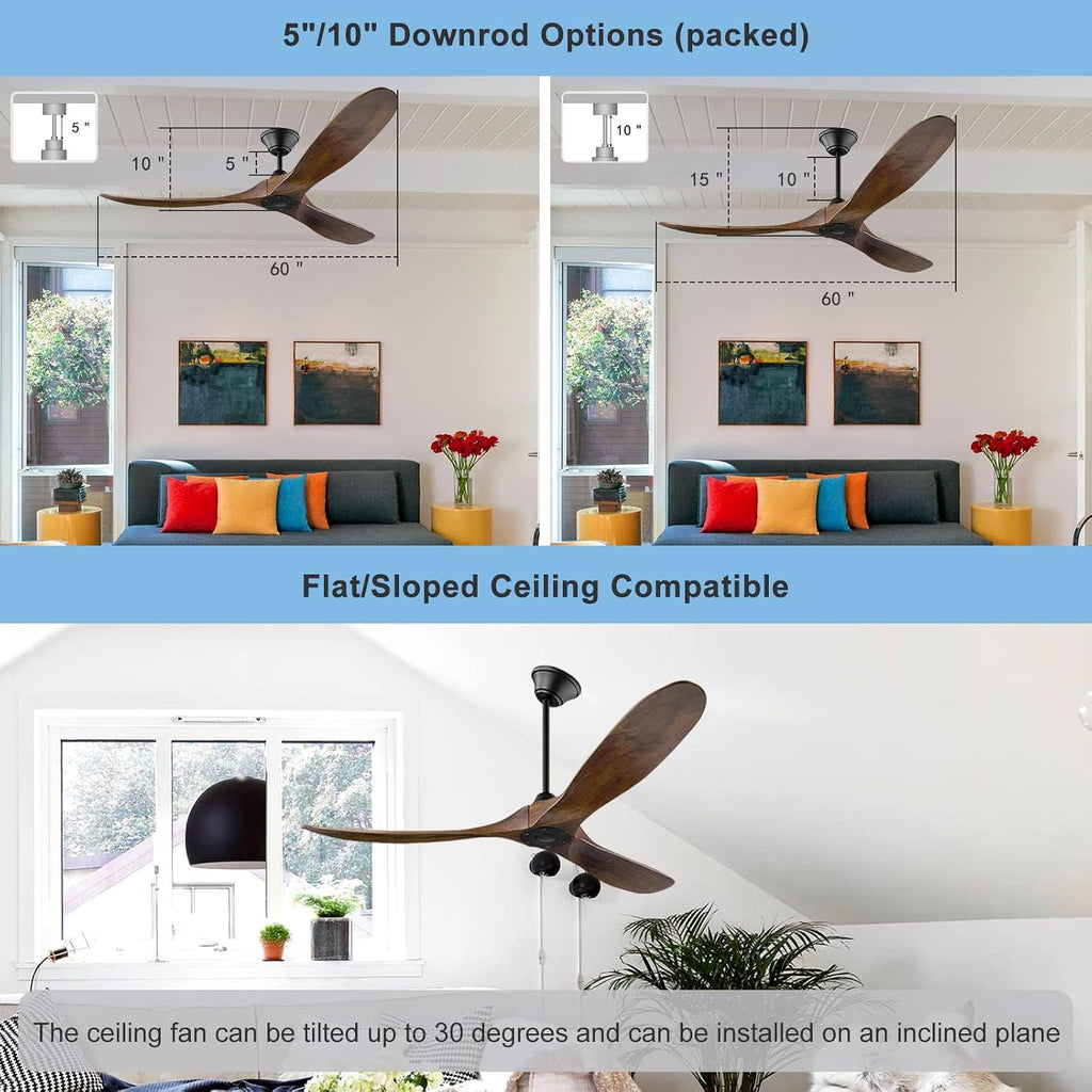 52 Inch Outdoor Ceiling Fan, Wood Ceiling Fan Without Light with Remote Control, 3 Blades Moisture-Proof Large Indoor Fan with 6 Speed Noise-Free DC Motor for Bedroom Patios Kitchen