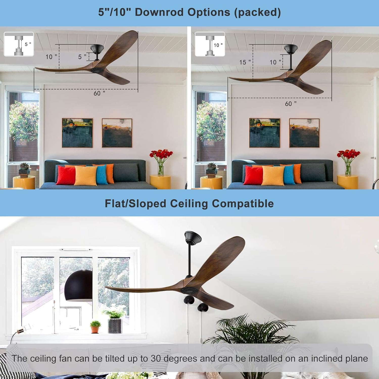 52 Inch Outdoor Ceiling Fan, Wood Ceiling Fan Without Light with Remote Control, 3 Blades Moisture-Proof Large Indoor Fan with 6 Speed Noise-Free DC Motor for Bedroom Patios Kitchen
