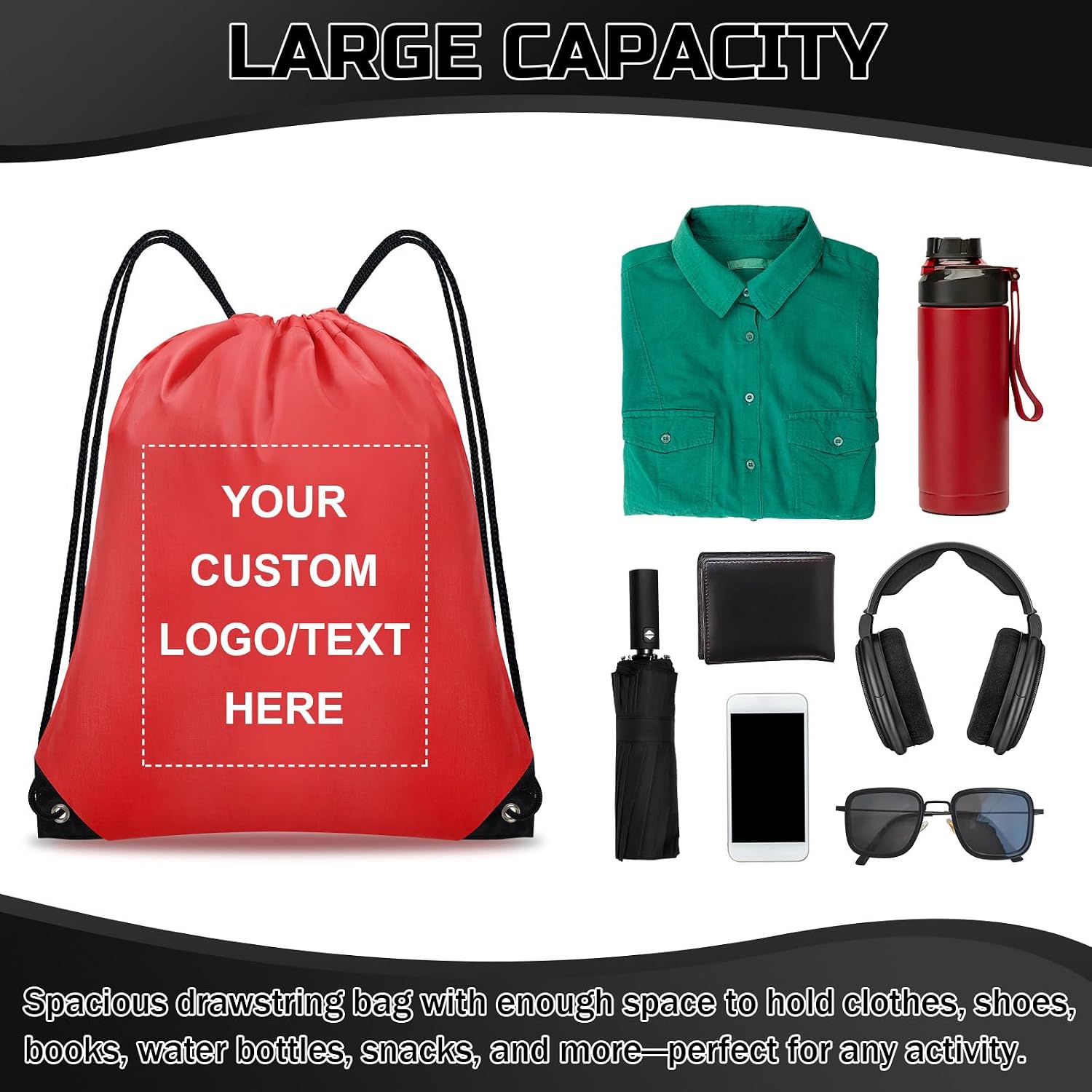 Grneric Custom Drawstring Bags Bulk 10/20/50/100/200 Pack, Promotional Items With Your Logo Personalized String Backpack for Gym, Sport, Travel, Red