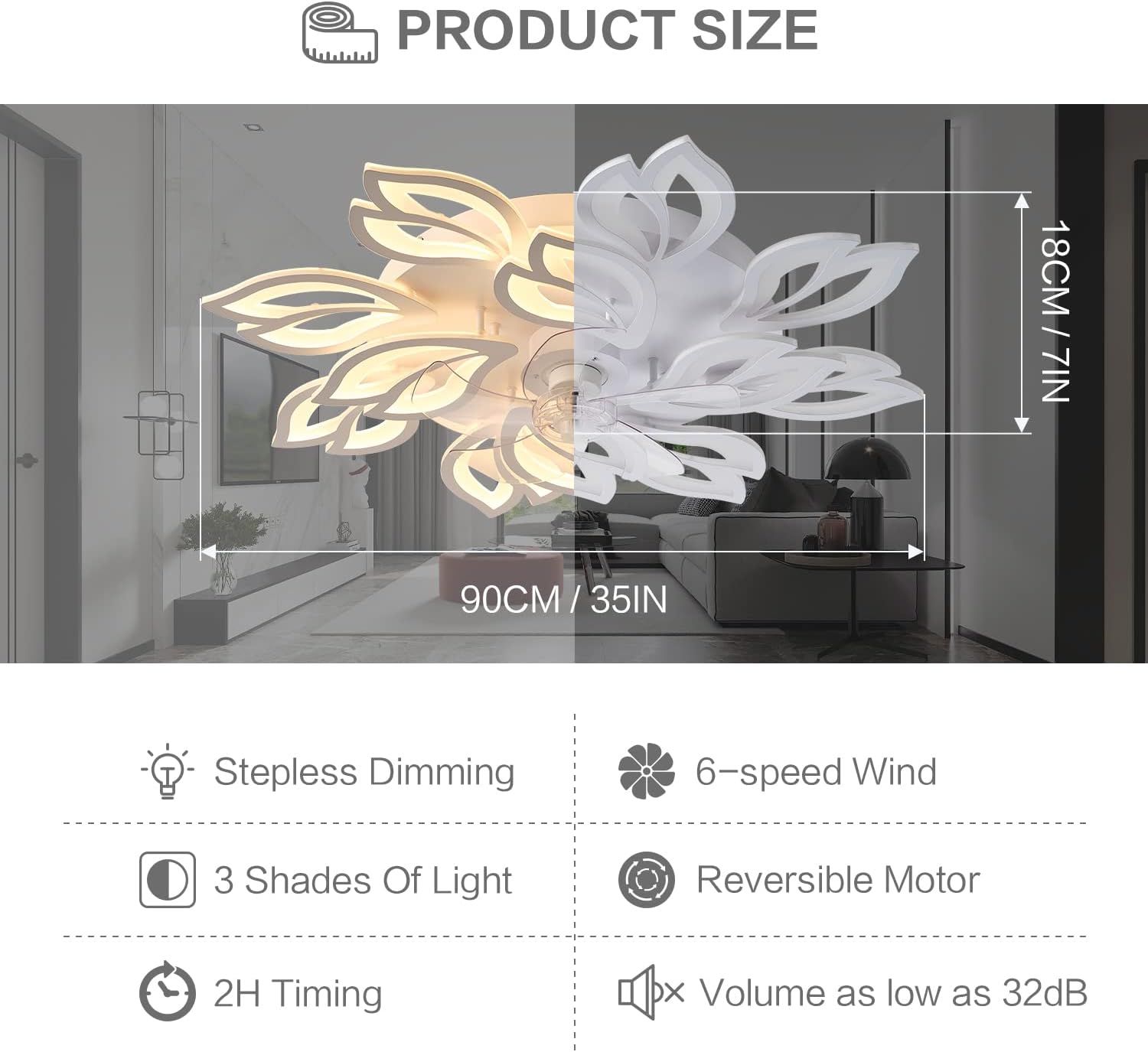 35' Modern Ceiling Fan with Lights Remote APP Control, Flush Mount LED Dimmable Ceiling Fan, 3 Color 6 Speed Low Profile with Light for Bedroom Living Room 130W