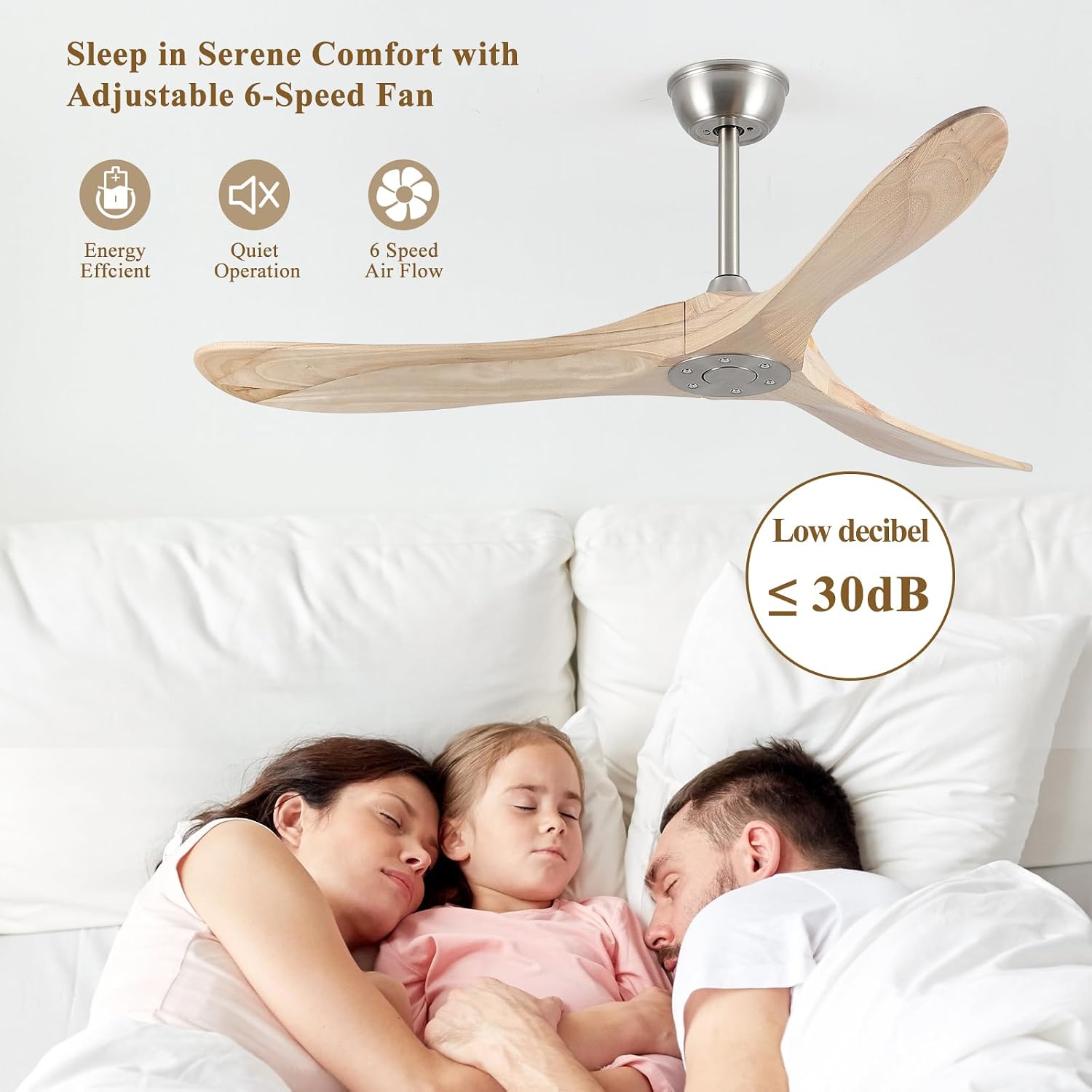 52 Inch Ceiling Fan with Remote Control, Solid Wood, 6-Speed DC Motor, 3 Reversible Natural Wooden Blades, 1/4/8 Hour Timer, Quiet & Energy Efficient for Indoor/Outdoor Use