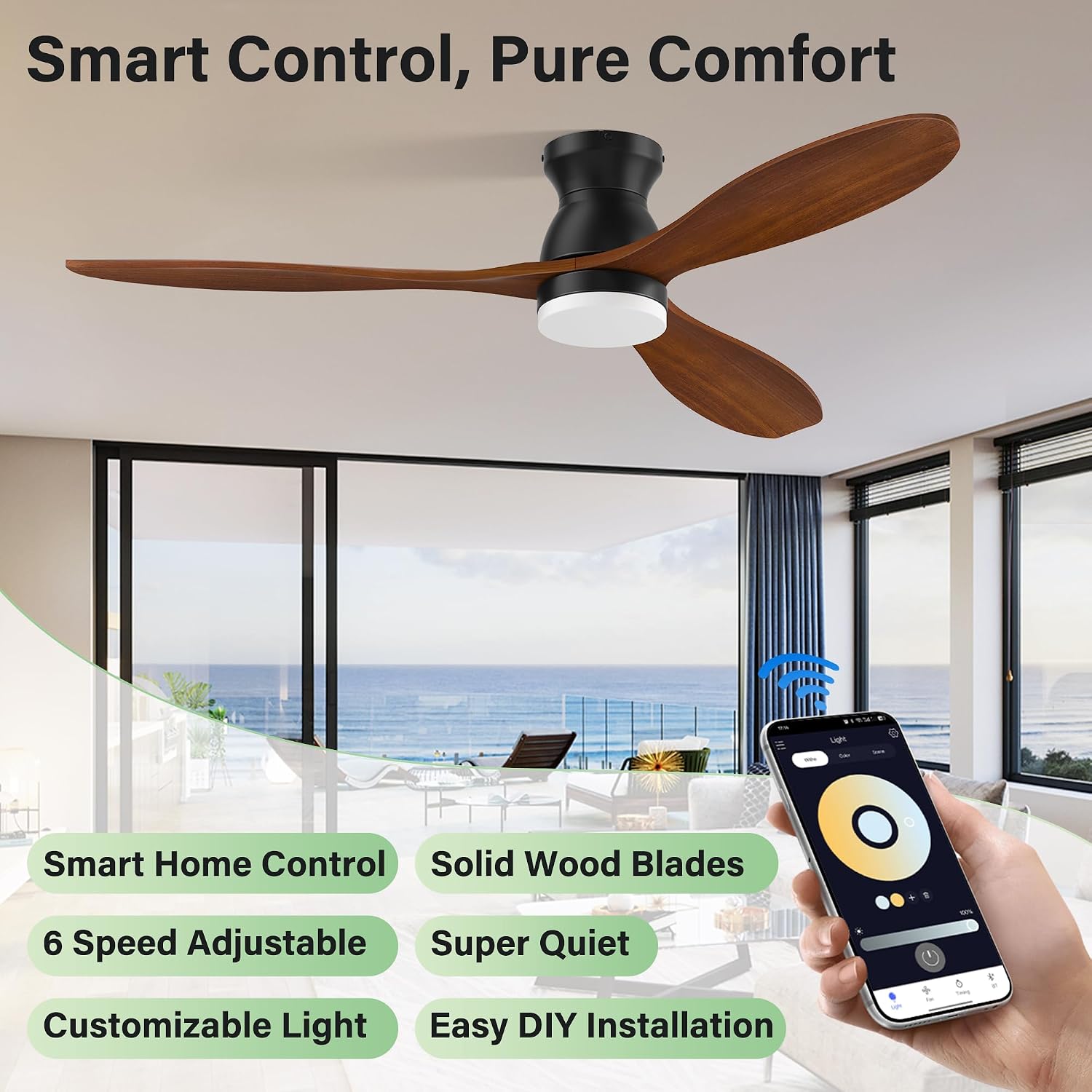 52' Wood Ceiling Fans with Lights Remote,Smart Control via Alexa APP,Quiet DC Motor,Flush Mount Ceiling Fan for Low Profile Living Room,Patio,Indoor Outdoor,Black&Walnut Brown,3 Blade,6 Speed,Dim LED