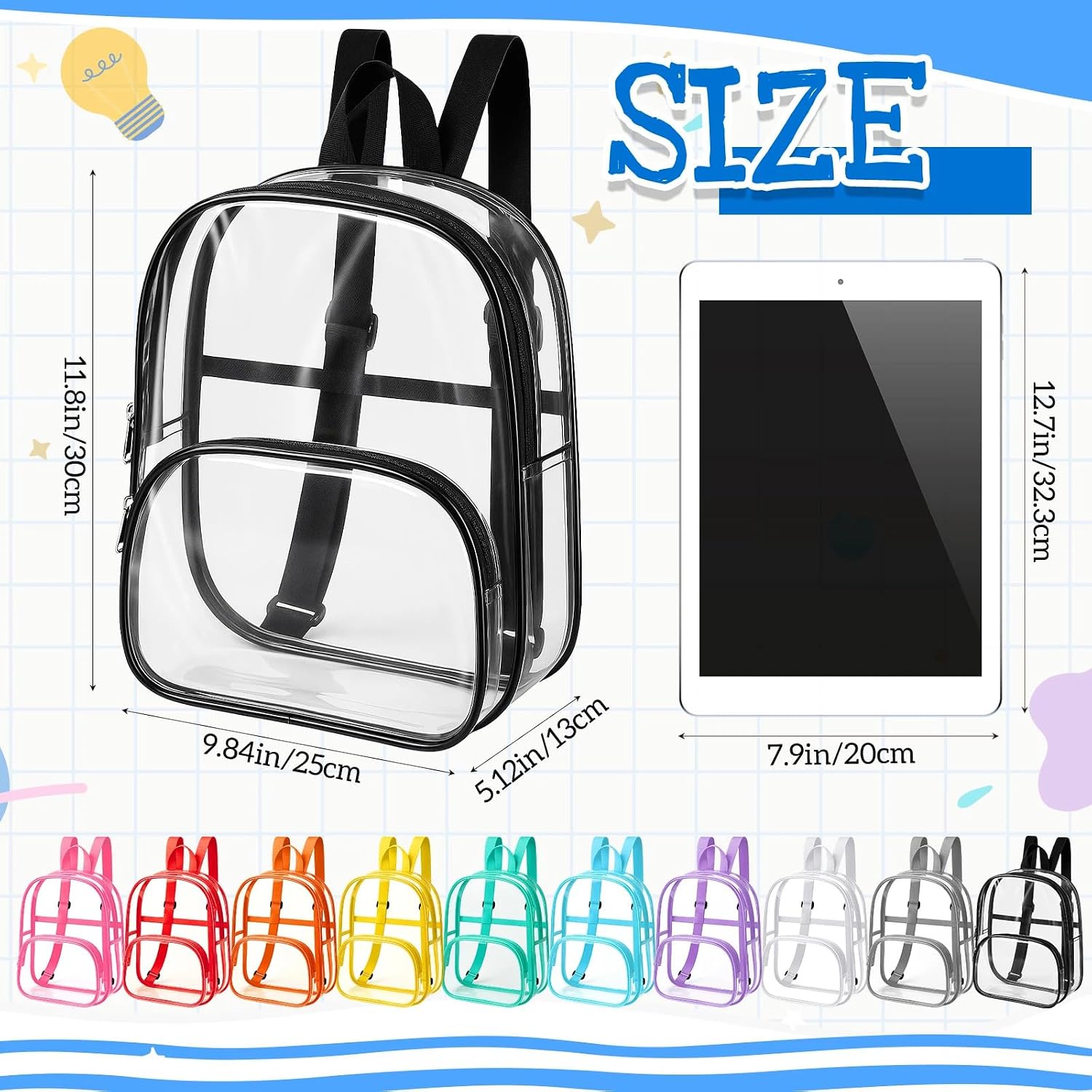 Aliceset Clear Backpack Bulk Waterproof Transparent Colorful Bookbag Donation Supply Kits for Women Men(12 Inch,30 Pcs)
