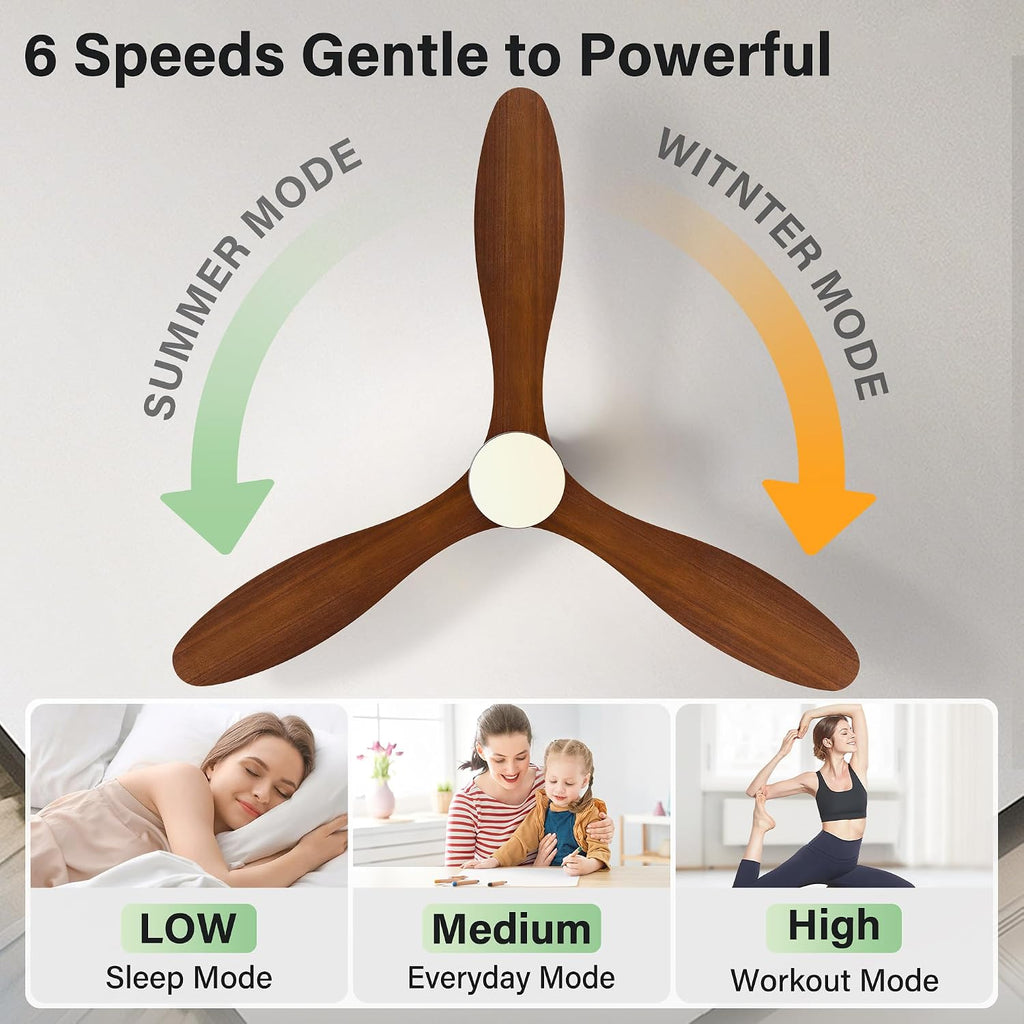 52' Wood Ceiling Fans with Lights Remote,Smart Control via Alexa APP,Quiet DC Motor,Flush Mount Ceiling Fan for Low Profile Living Room,Patio,Indoor Outdoor,Black&Walnut Brown,3 Blade,6 Speed,Dim LED
