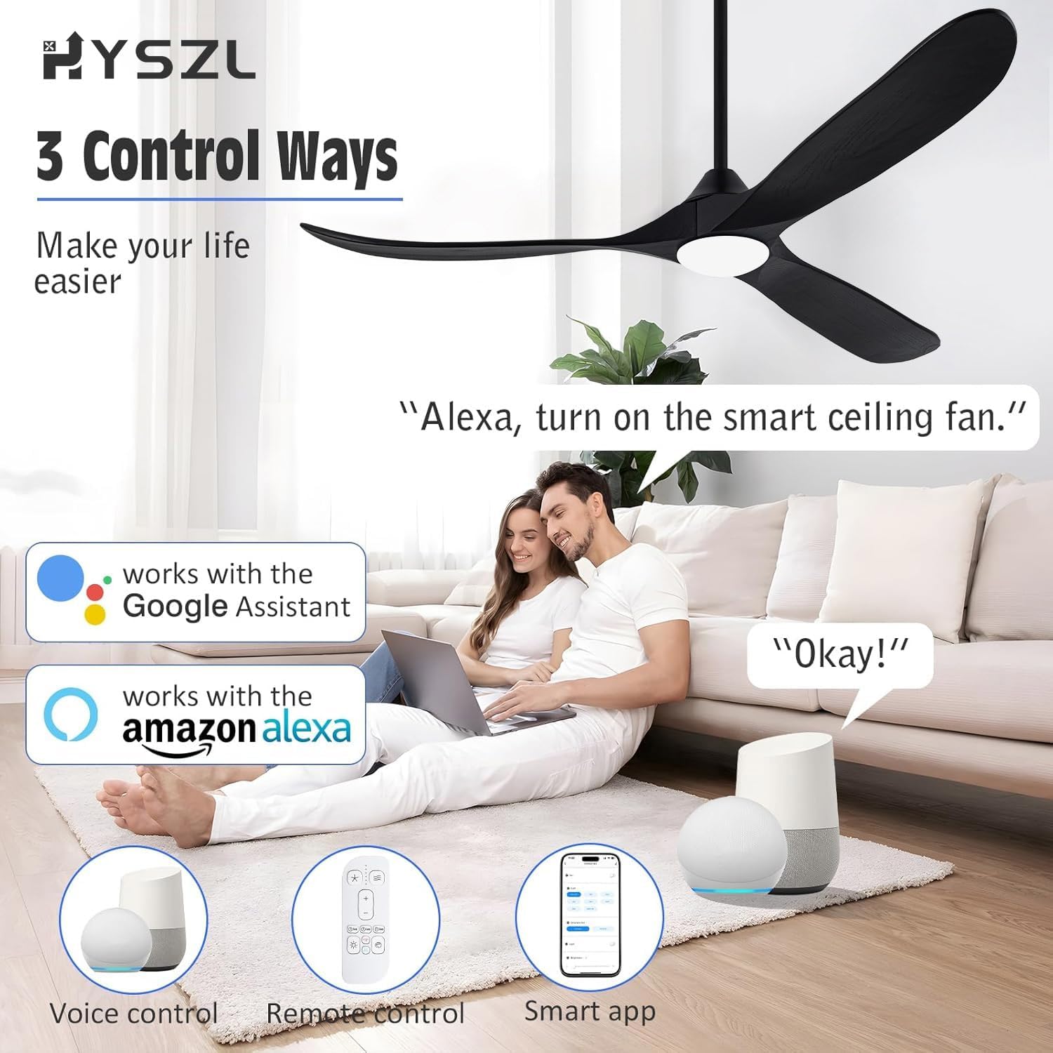 70 Inch Smart Outdoor Ceiling Fans for Patios with Light, Large Black Modern Low Profile Ceiling Fan with Remote Control, 3 Blade Wood Propeller Dc Ceiling Fan for Indoor Outside Porch Gazebo