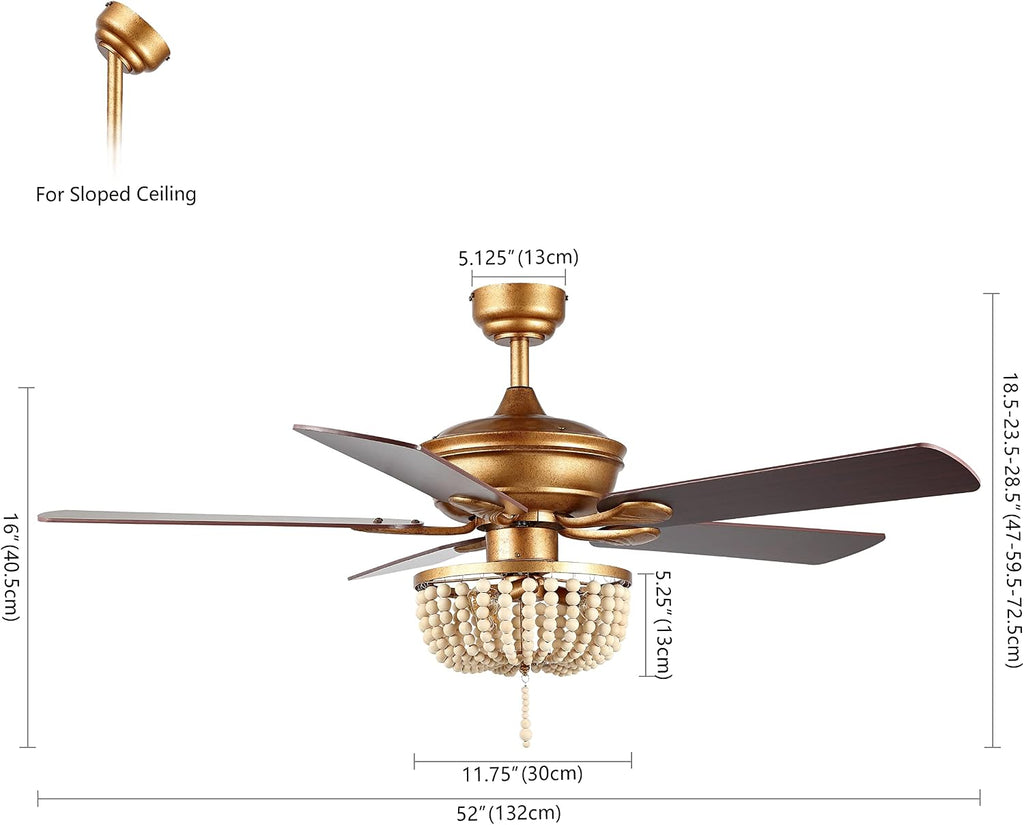 JONATHAN Y 52' Antique Gold 3-Light LED Ceiling Fan with Remote and App Control, Bohemian Farmhouse Chandelier, Light Brown Wood Bead Shade, Reversible Wood Blades JYL9618A