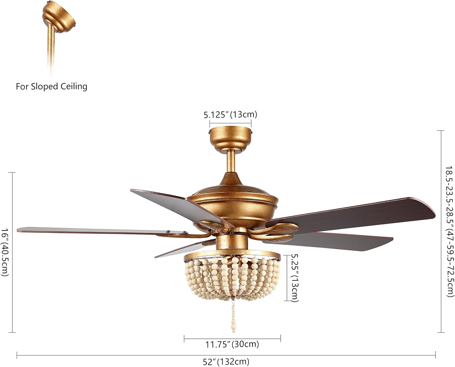 JONATHAN Y 52' Antique Gold 3-Light LED Ceiling Fan with Remote and App Control, Bohemian Farmhouse Chandelier, Light Brown Wood Bead Shade, Reversible Wood Blades JYL9618A