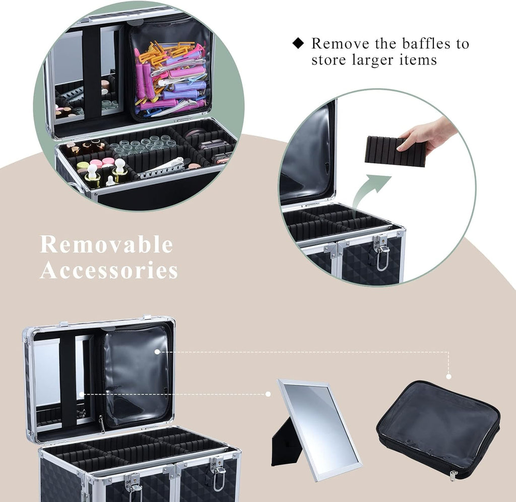 Professional Makeup Train Case Extendable Cosmetology Case on wheels | Rolling makeup station with a drawer and trays, ideal for makeup artists or dance competitions. Super organized.