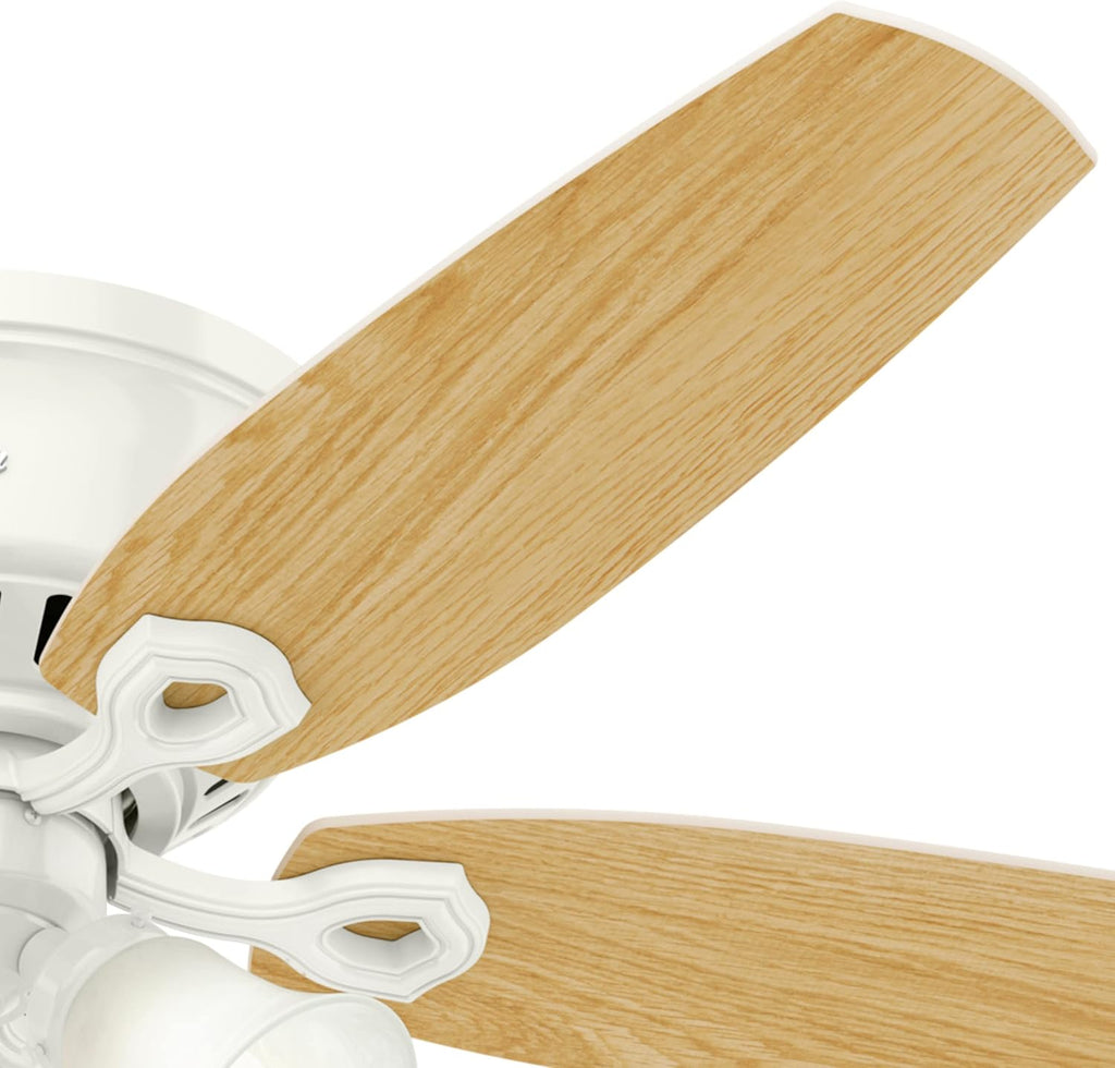 Hunter 52 inch Indoor Ceiling Fan with LED Lights - White Ceiling Fan with Pull Chain, For Bedroom, Living Room, or Kitchen, Low Profile Flush Mount, No Remote, 5 Blades - Builder 53326, Snow White