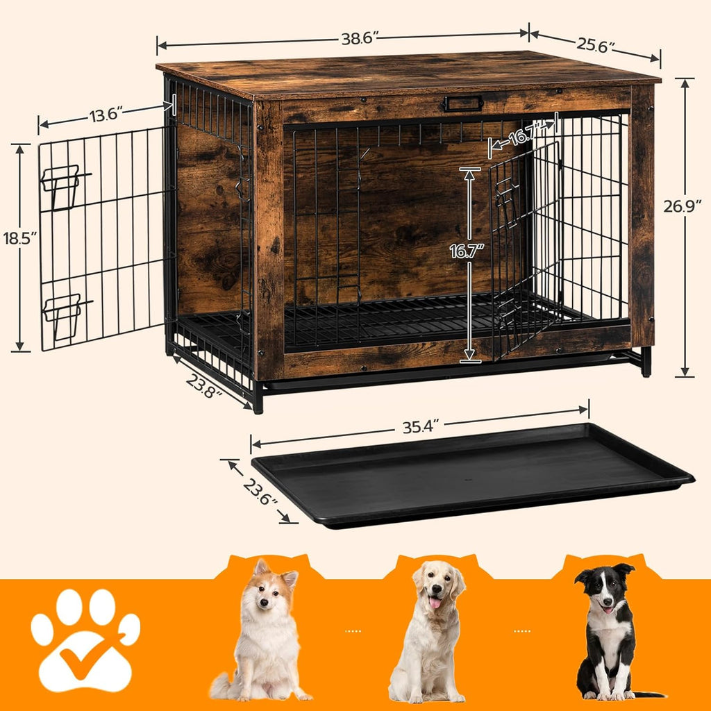 HOOBRO Dog Crate Furniture, 38.6' Large Dog Kennel Indoor, Wooden Cage with Pull-Out Tray, Double Doors Pet House Side End Table for Large/Medium/Small Dogs, Rustic Brown BF982GW03G1
